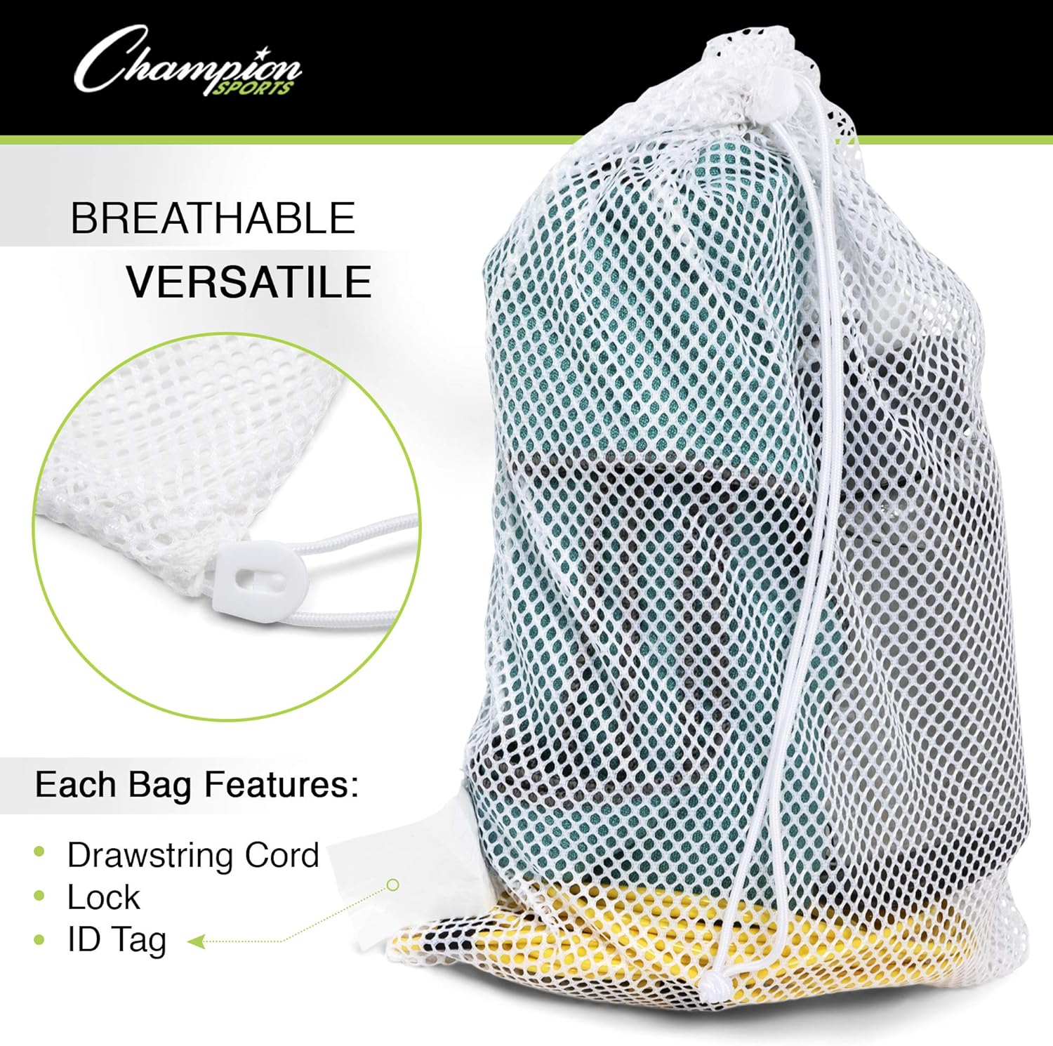 Champion Sports Mesh Equipment Bag – Heavy-Duty Nylon Drawstring Bag with Lock & ID Tag, Breathable