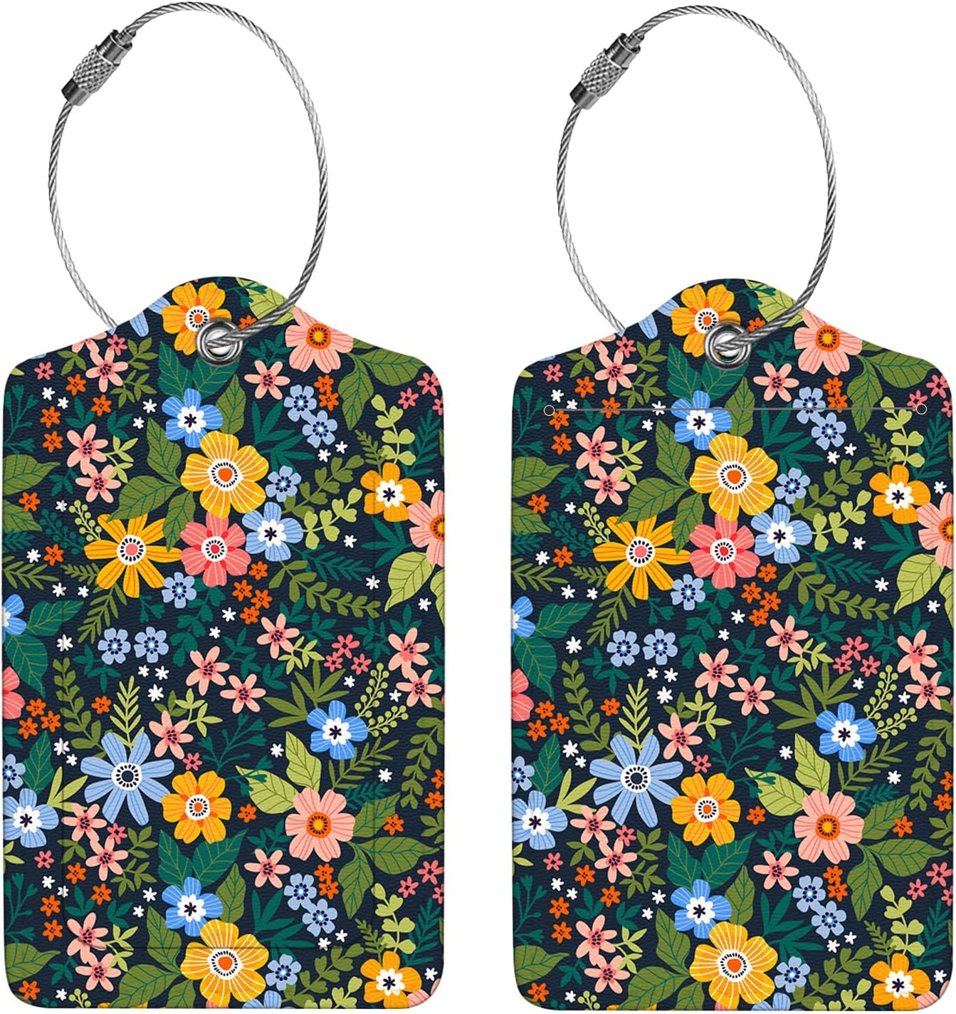 2 Pcs Luggage Tags for Suitcase, Cute Unique PU Leather Travel Bag Tag with Privacy Cover ID Label Address Card and Durable Metal Ring Suitable for Men Women Children Backpack,Flower