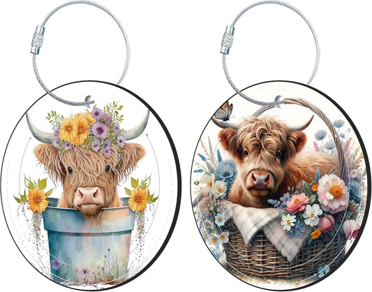 Round Cute Luggage Tags 2 Pack Cow in A Flowerpot Creative Baggage Tags,Cruise Travel Baggage Suitcases Tag with Stainless Steel Loop ID Tag Privacy Flap
