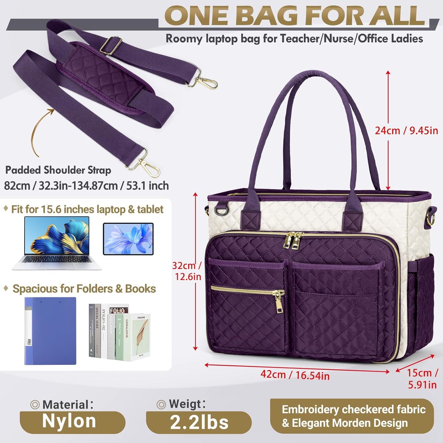 RAINSMORE Teacher Tote Bag 15.6 inch Laptop Bag for Women Work Bags Laptop Tote Nurse Bag Professional Computer Messenger with Insulated Pocket, Laptop Briefcase for Office, College, Purple-white