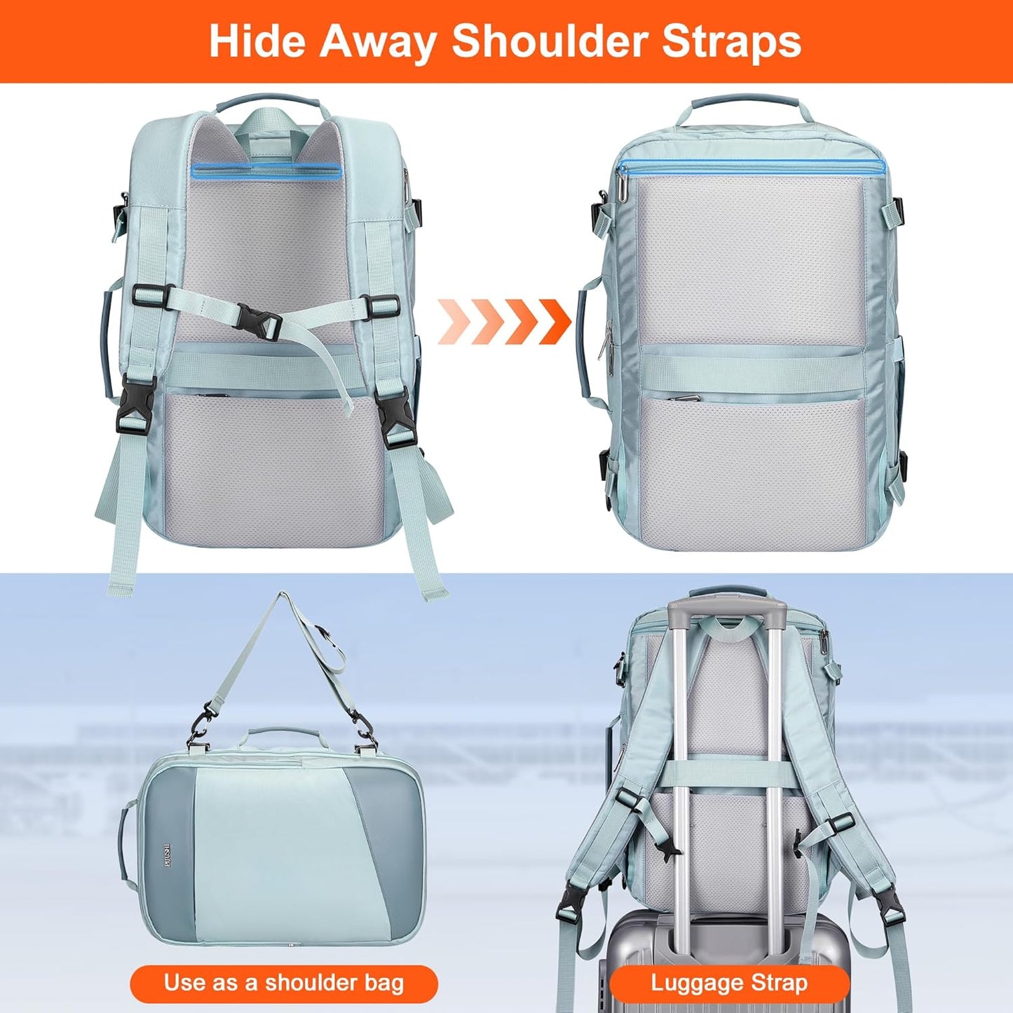 PIJUSHI Travel Backpack for Women Carry on Suitcase Backpack Flight Approved Personal Item Bag Fits 16 Inch Laptop(PE035 Blue)