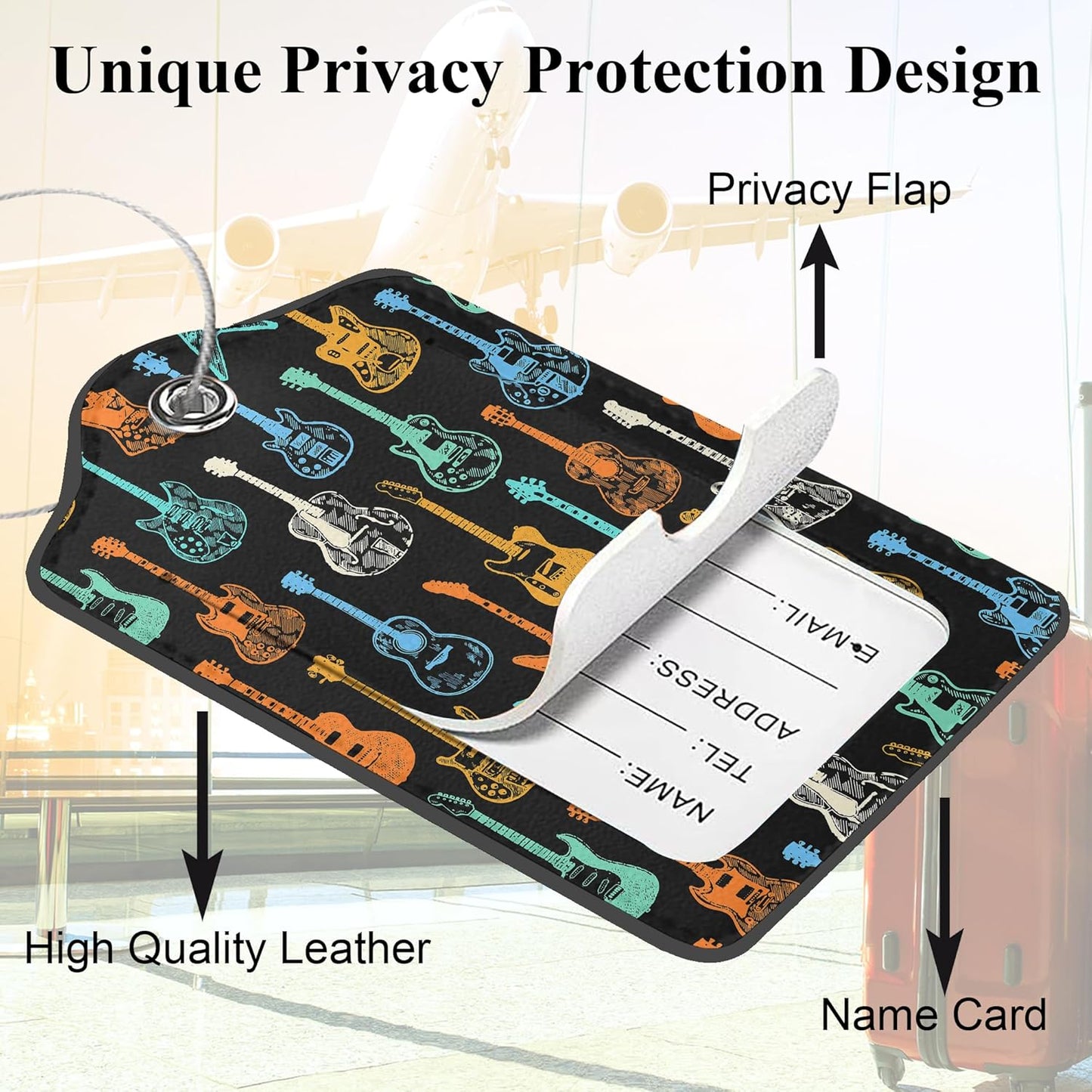 Set of 2 Luggage Tags for Suitcases, Leather Colorful Guitar Music Baggage Tags with Stainless Steel Loop, Privacy Name ID Card Cover Travel Labels for Women Men Kids Girls