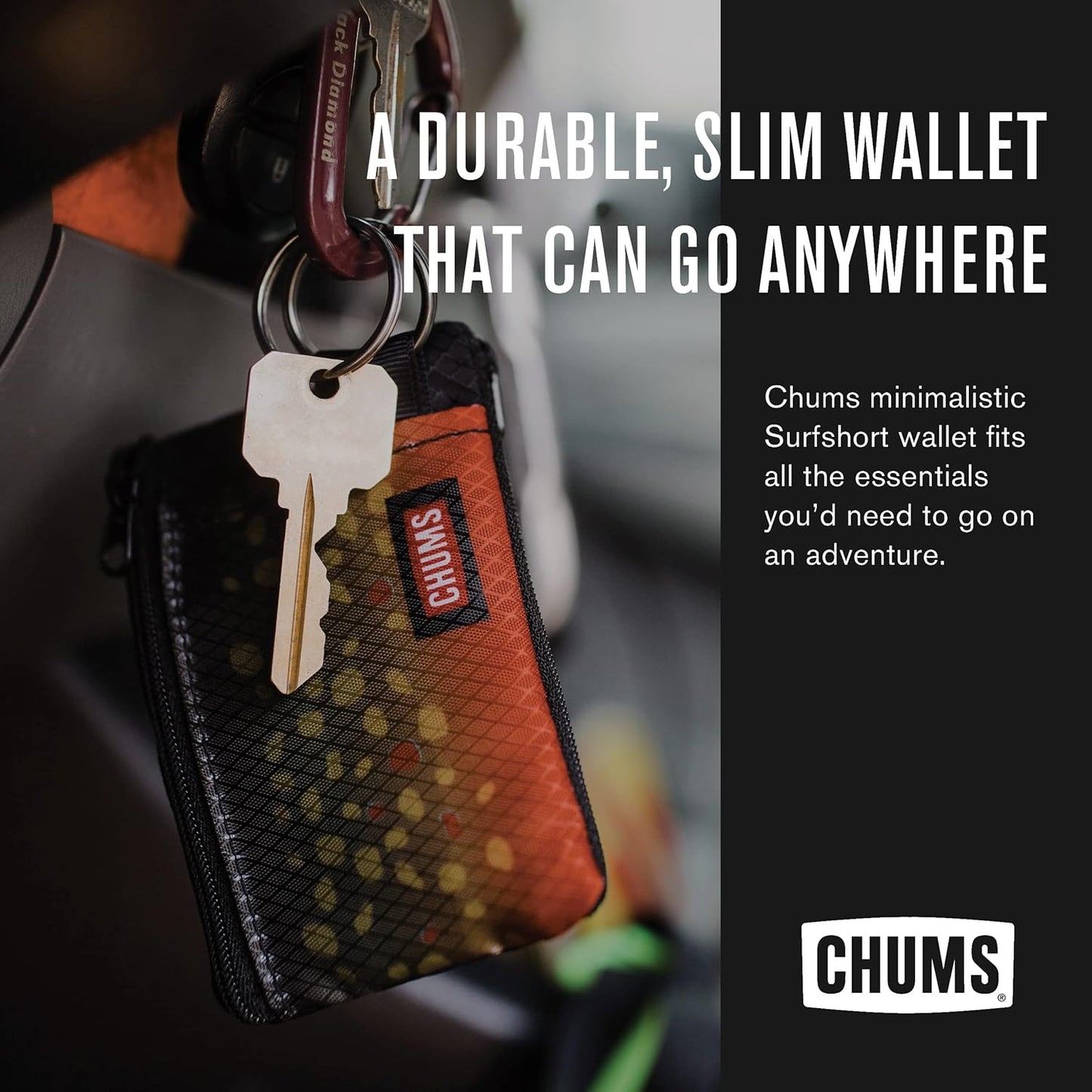 Chums Surfshorts Wallet - Lightweight Slim Wallet w/ RFID Blocking Card - Zippered, Minimalist Wallet w/Key Ring - Patterns