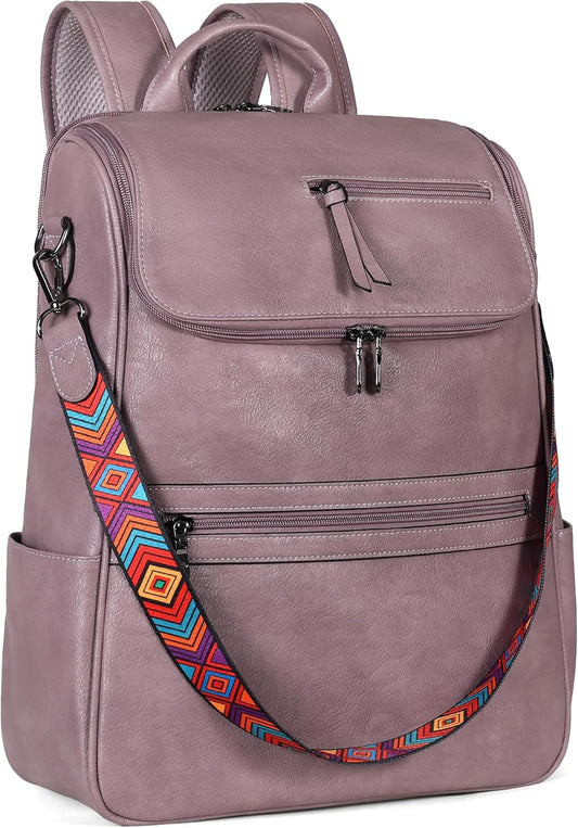 FADEON Laptop Backpack for Women Leather Travel Backpack with Laptop Compartment, Designer PU Shoulder Laptop Bag Purple