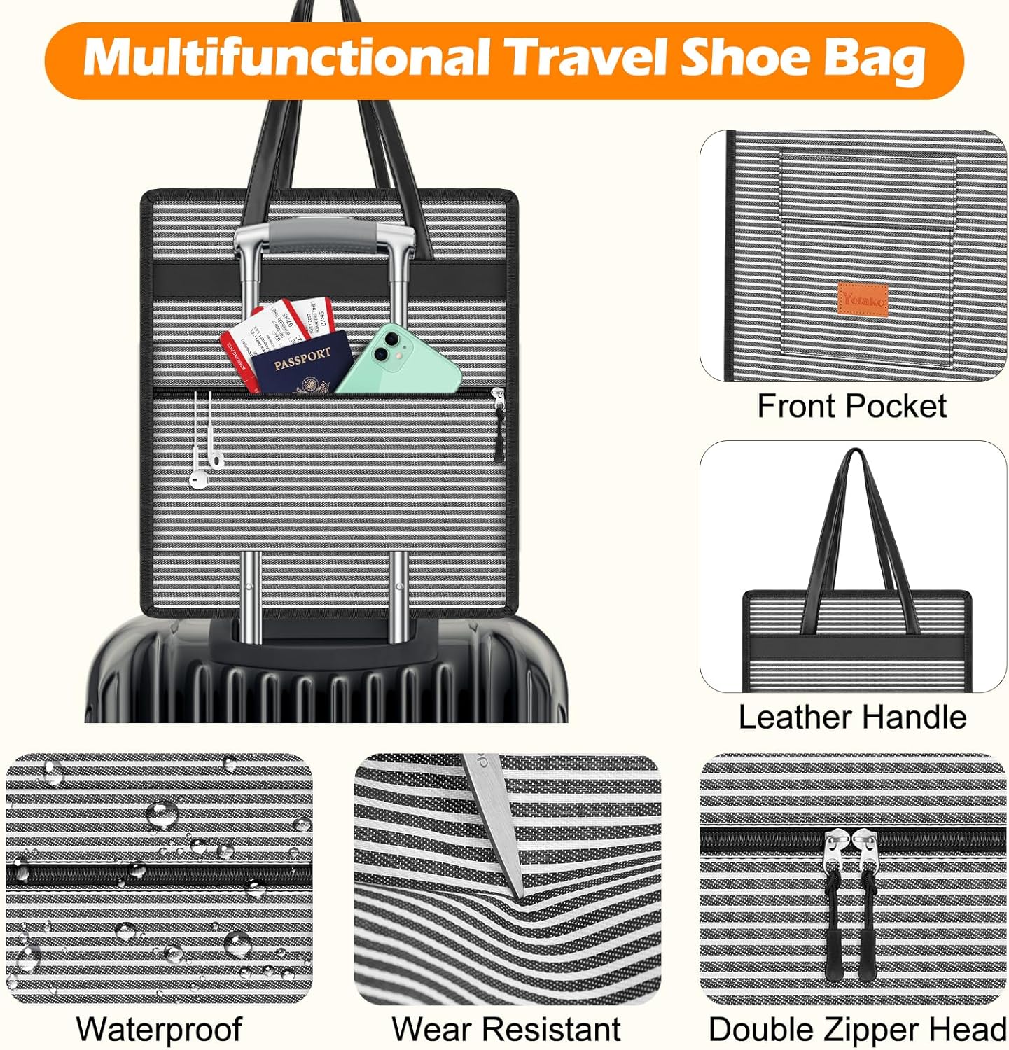 Yotako Shoe Bag for Travel with Leathers Handle-Portable Shoe Organizer with Pockets,3 in 1 Hanging Luggage Shoe Storage Bag,Travel Shoe Bag for Women Men Fit 6 PCS Shoes,Stripe