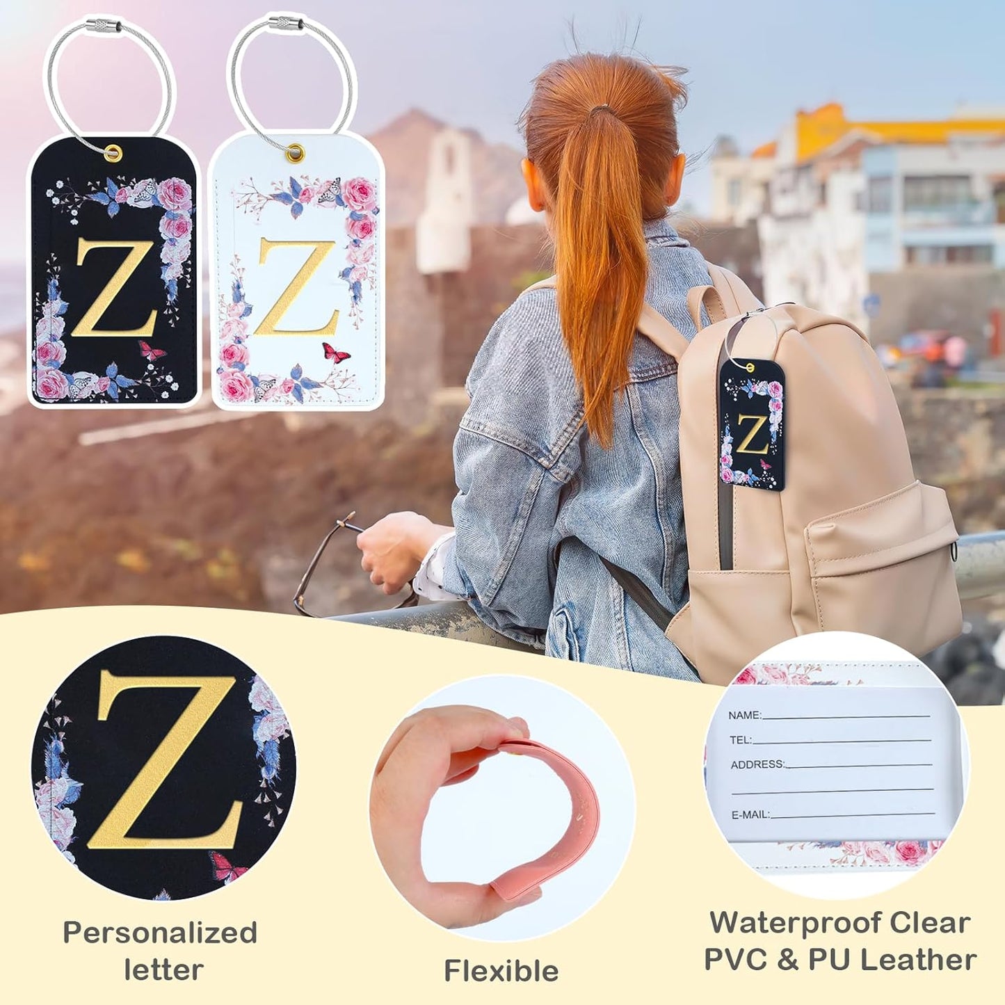 3 Pack Luxury Floral Luggage Tags, Durable PU Leather Suitcase Tags with Stainless Steel Cable