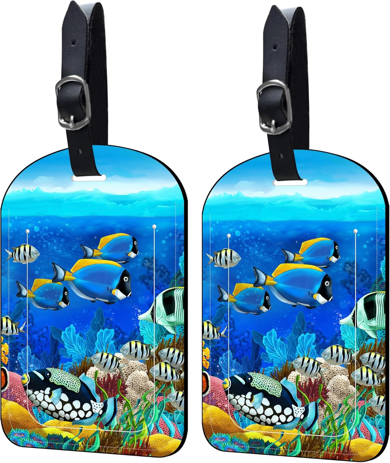 2 Pack Luggage Tags Tropical Fish PU Leather Baggage Handbag Suitcase Tags with Secure Strap Privacy Cover ID Labels,Business Travel Baggage Tag Identifier