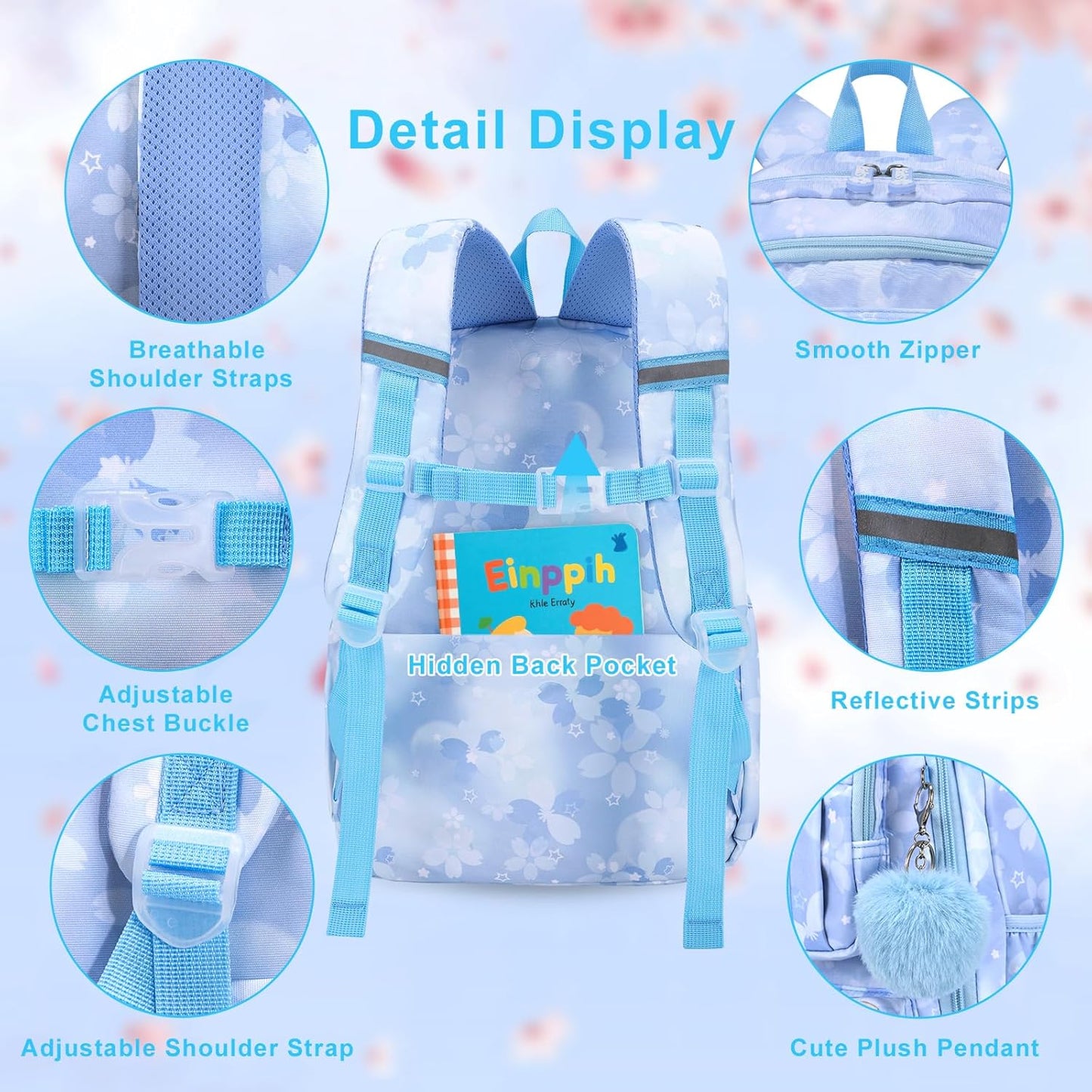 Backpack for Girls 3pcs Set, Kids Backpack for Girls with Lunch Box Pencil Case Set for Teens Elementary Middle School Bags (Blue-3 Piece Set-1)