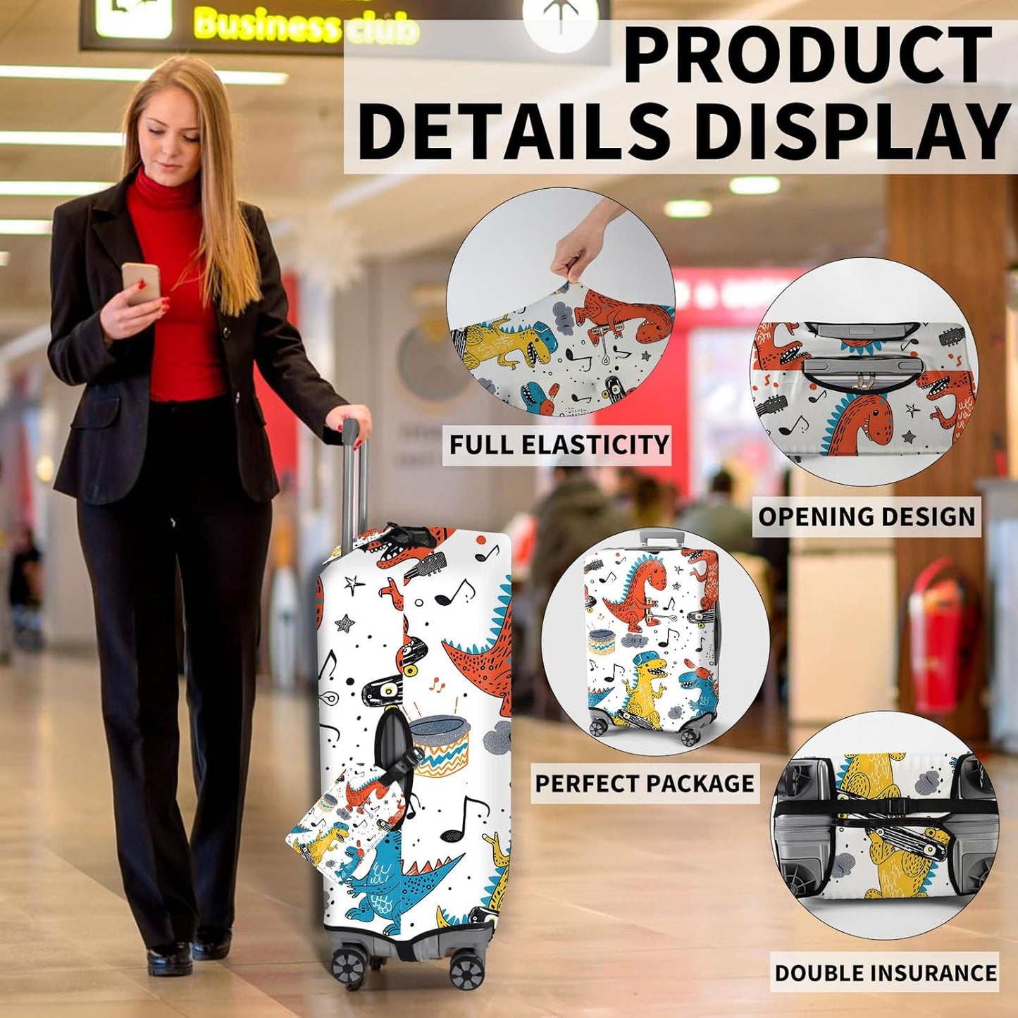 Travel Luggage Cover,Cartoon Colorful DinosaurTheme Suitcase Cover Accessory Kit, Luggage Tag, and Comfortable Luggage Handle Wrap, Washable Luggage Suitcase Protector (22-24 inch,M)