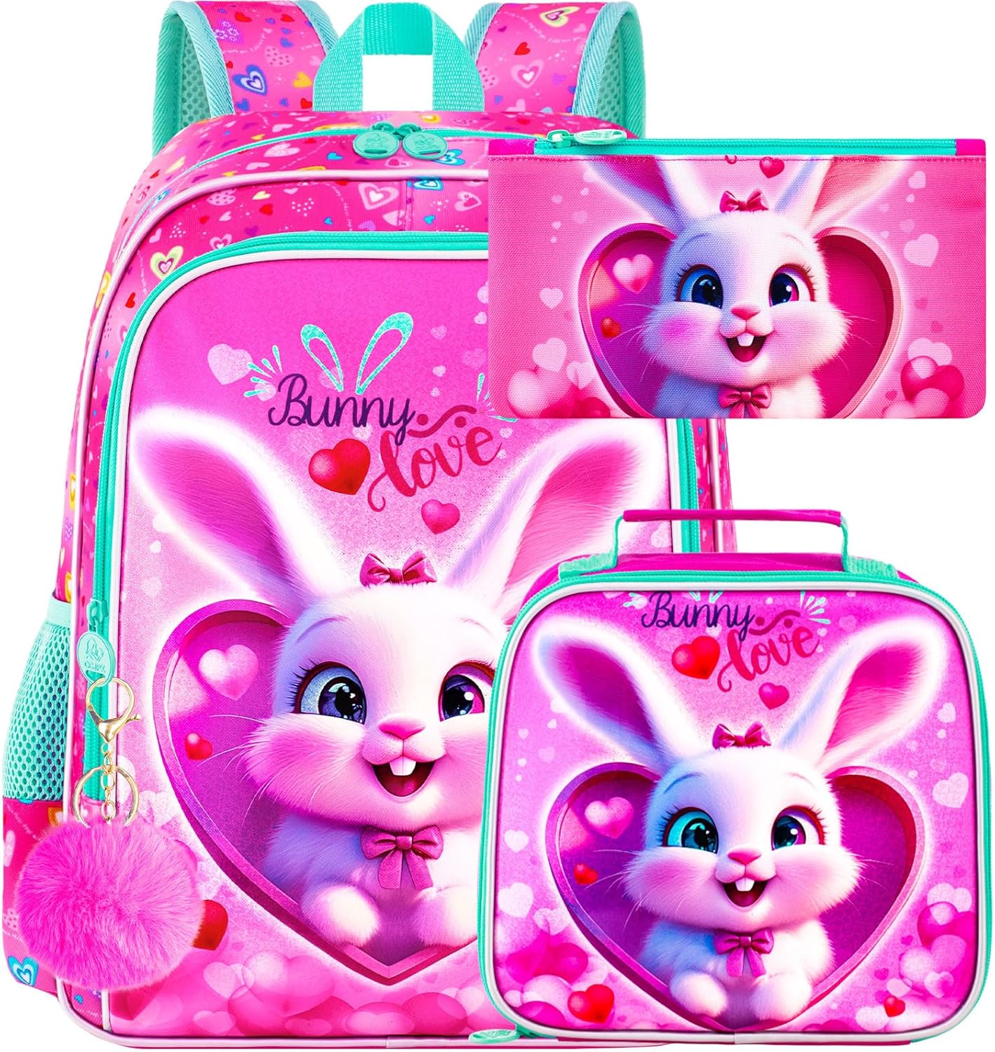 3PCS Girls Backpack, Kids Water Resistant Heart Bookbag Set with Lunch Box, Cute Kids School Bag for Preschool Toddler