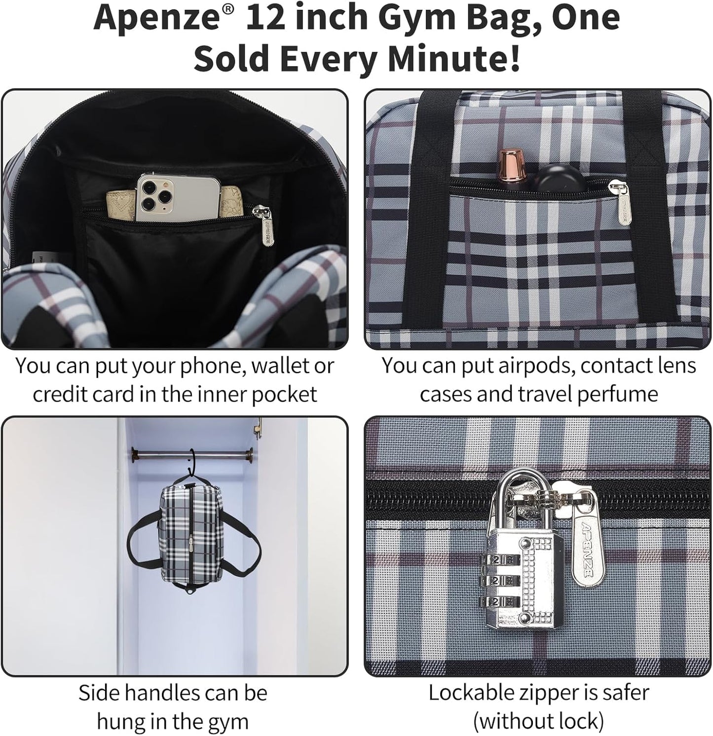 Small Gym Bag Carry On Bag - 12 in Mini Duffle Bag Lightweight for Overnight Travel(Gray white plaid)