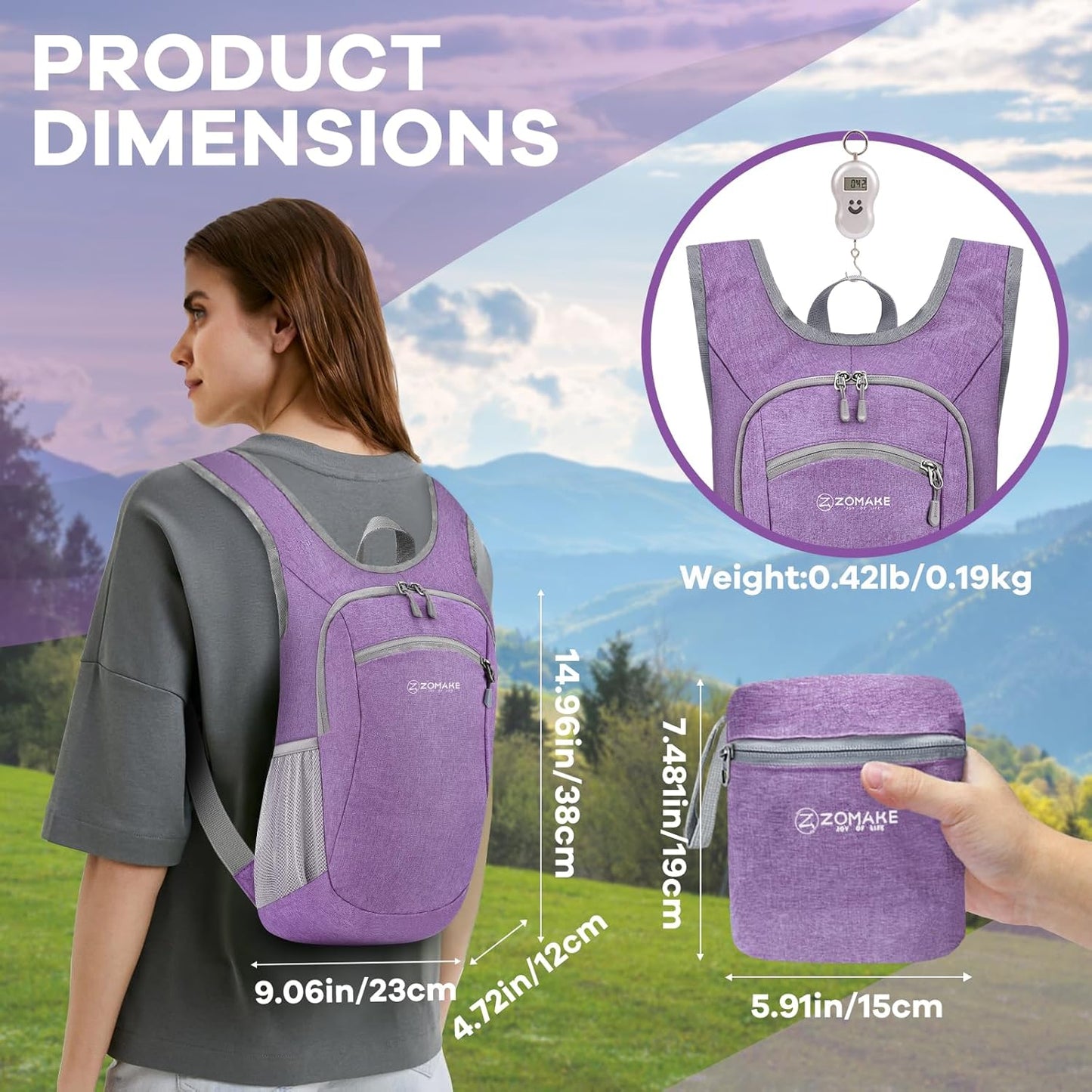 ZOMAKE Ultra Lightweight Packable Backpack 10L,Small Foldable Backpacks Hiking Water Resistant Collapsible Daypack for Women Men(Light Purple-A1)