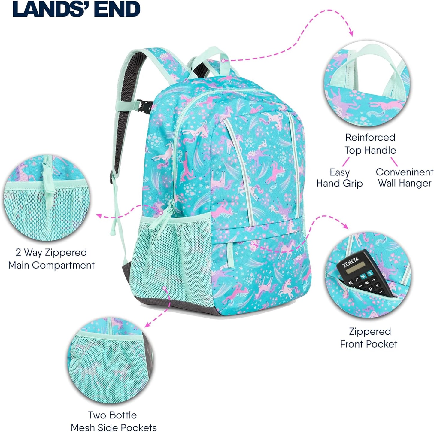 Lands' End Unisex Kids Medium ClassMate Lightweight Durable Elementary School Backpack, Ceramic Blue