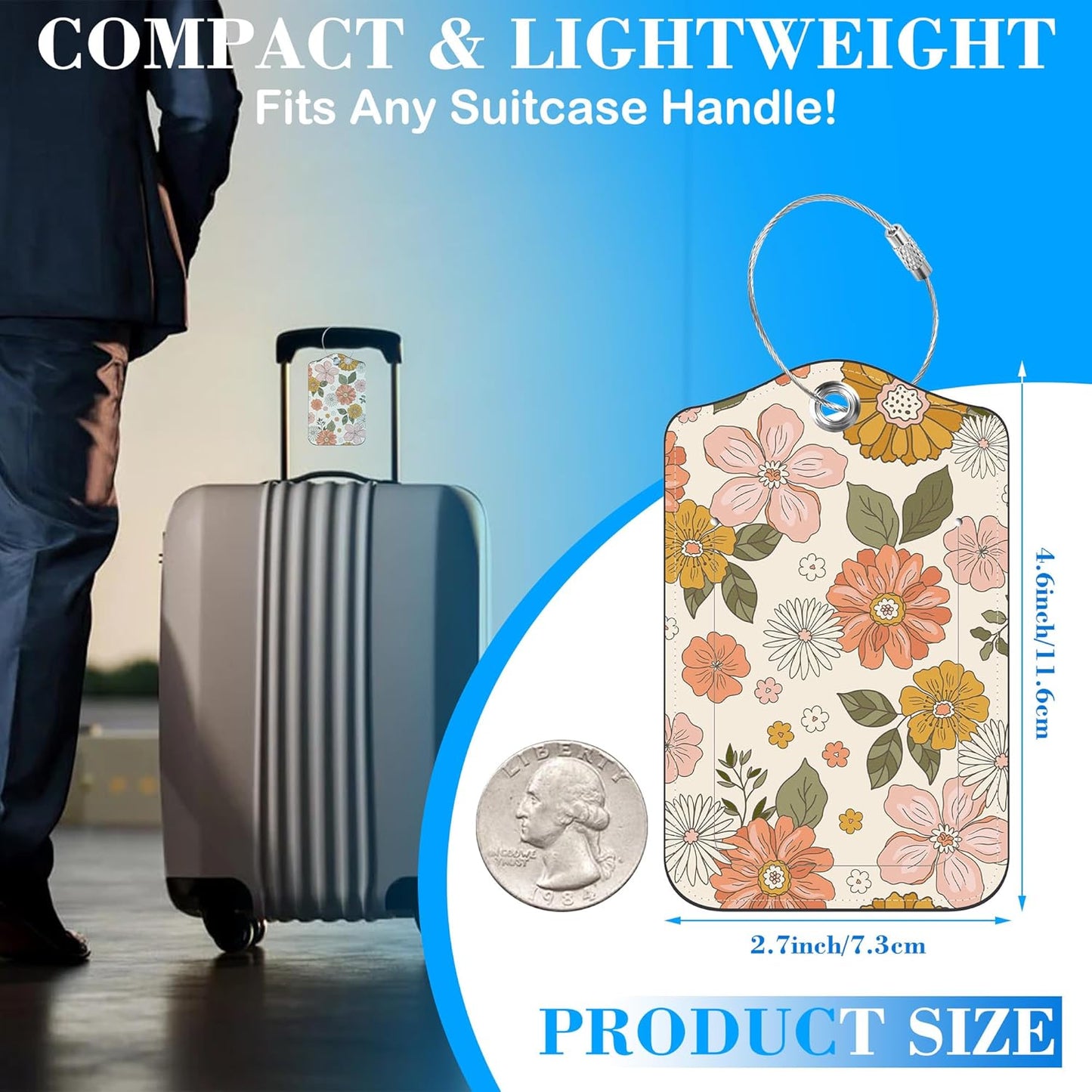 2 Pcs Luggage Tags for Suitcases, Retro Groovy Boho Flower Leather Bag Tags for Luggage Privacy Cover Name ID Label with Stainless Steel Loop Cruise Airport Travel Essentials
