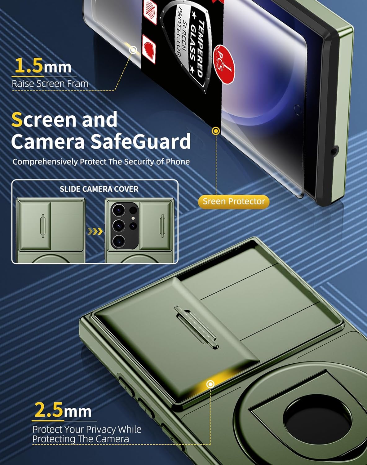 for Samsung Galaxy S23 Ultra Case Magnetic Compatible with MagSafe Wireless Charging,with Screen Protector,Built-in Stand Ring+Camera Cover Anti-Scratch Shockproof Heavy Duty Protection Green