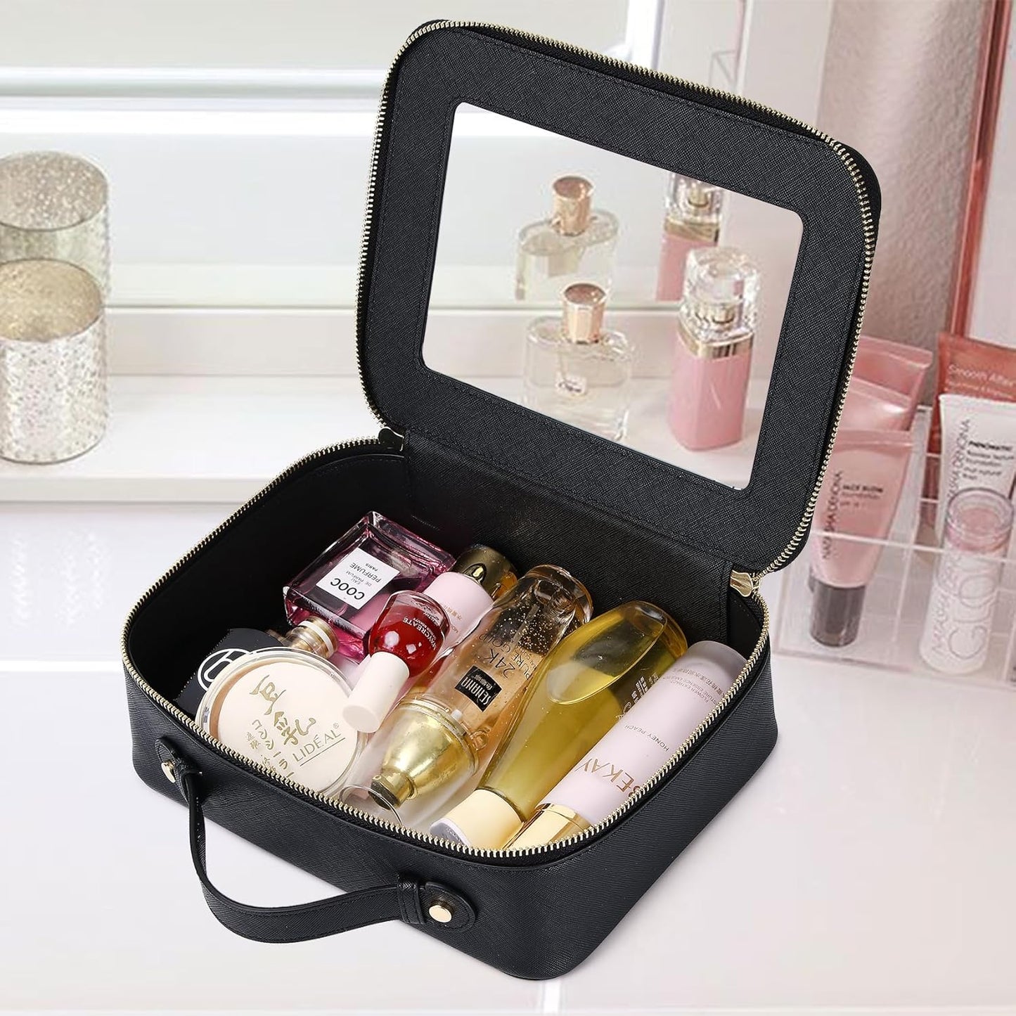 Travel Makeup Bag with Brush Case Portable Transparent Cosmetic Bag and Toiletry Bag Waterproof Makeup Organizer with Zipper Car Essential for Women (Black, L+Slim)