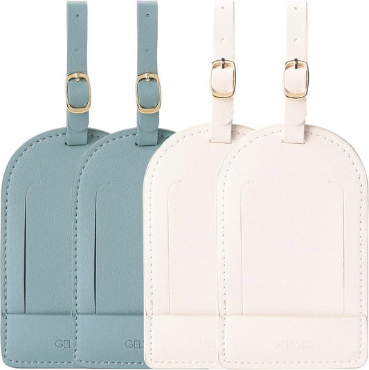 Faux Leather Luggage Tags for Suitcase Tag Set Privacy Protection with Identifie Name Lable ID Card Baggage tag for Men Women Travel Accessories, 2/4 Pack (LT06-White*2+Sky Blue*2)