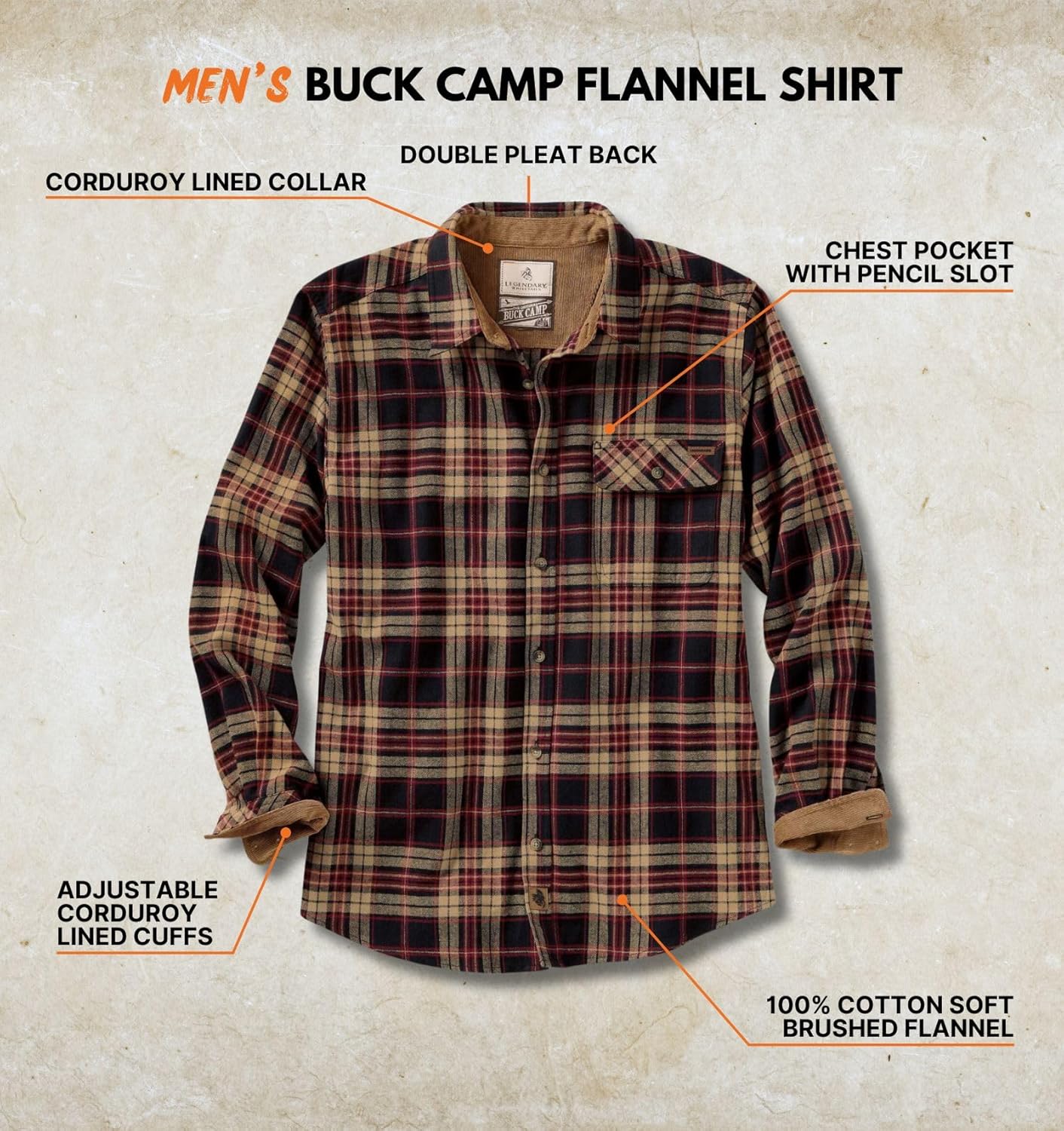 Legendary Whitetails Men's Flannel Shirt Long Sleeve Button Down 100% Cotton