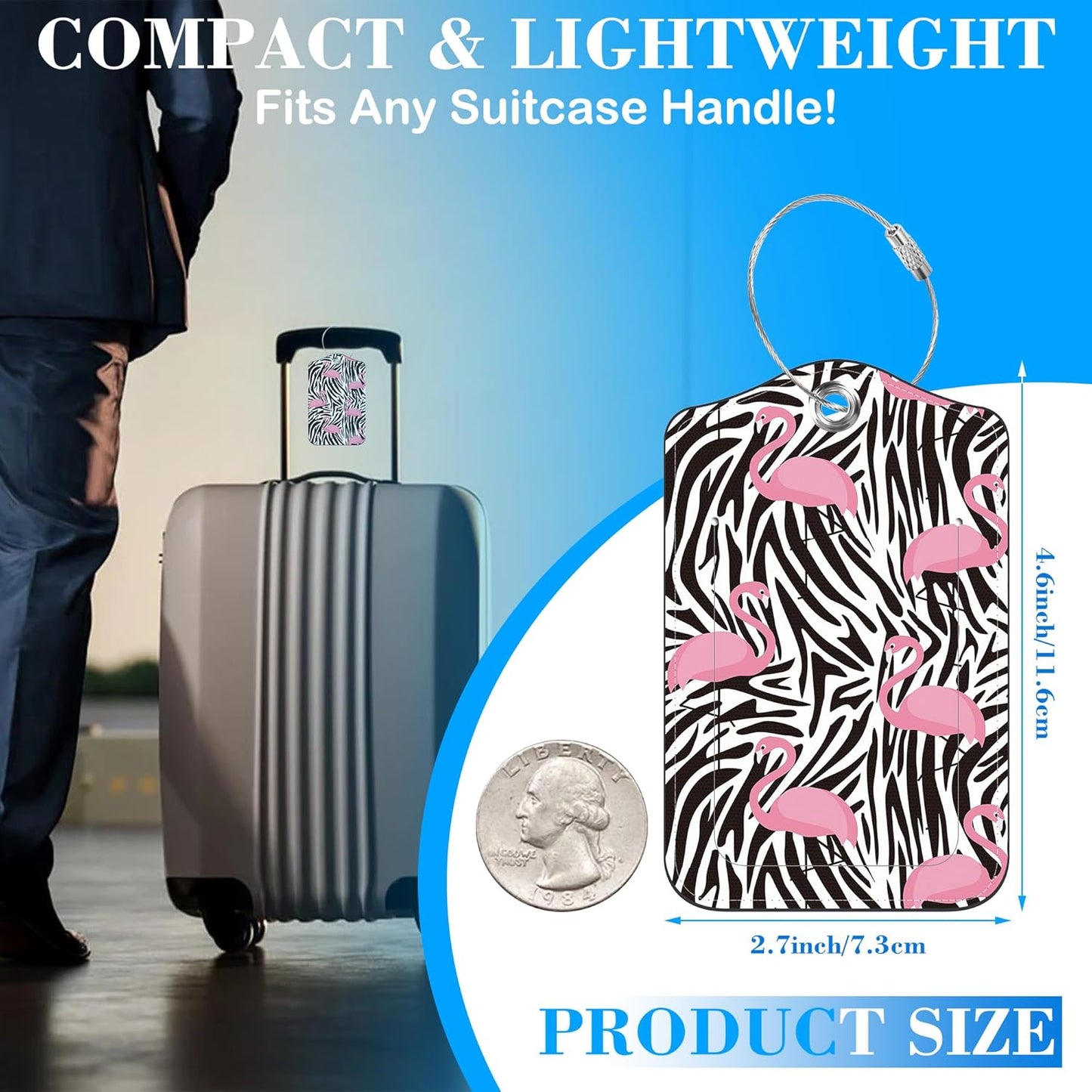 2 Pack Pink Flamingos Luggage Tags PU Leather Suitcase Tags with Stainless Steel Loop Privacy Cover ID Label for Women Men Travel Bag Accessories