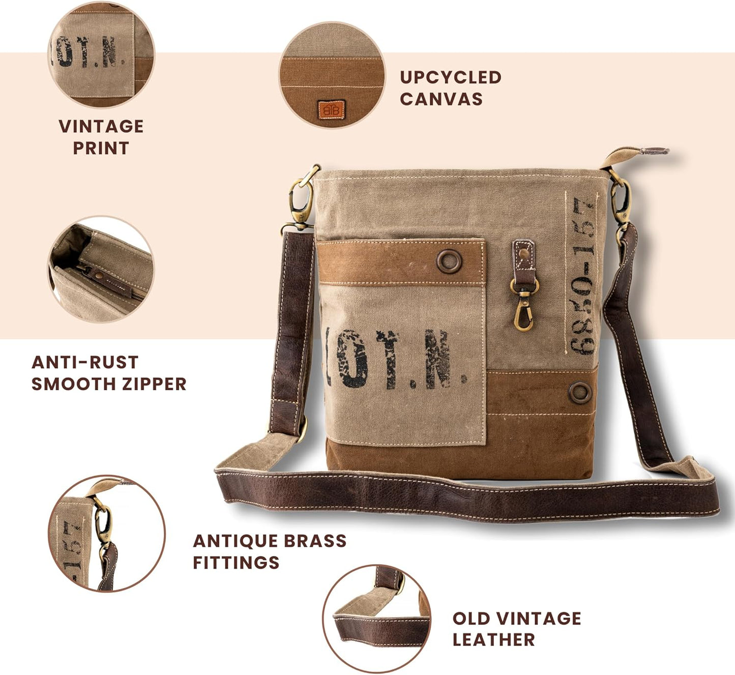 3B SHOUZO Messenger and Shoulder Bag - Upcycled Vintage Canvas & Leather