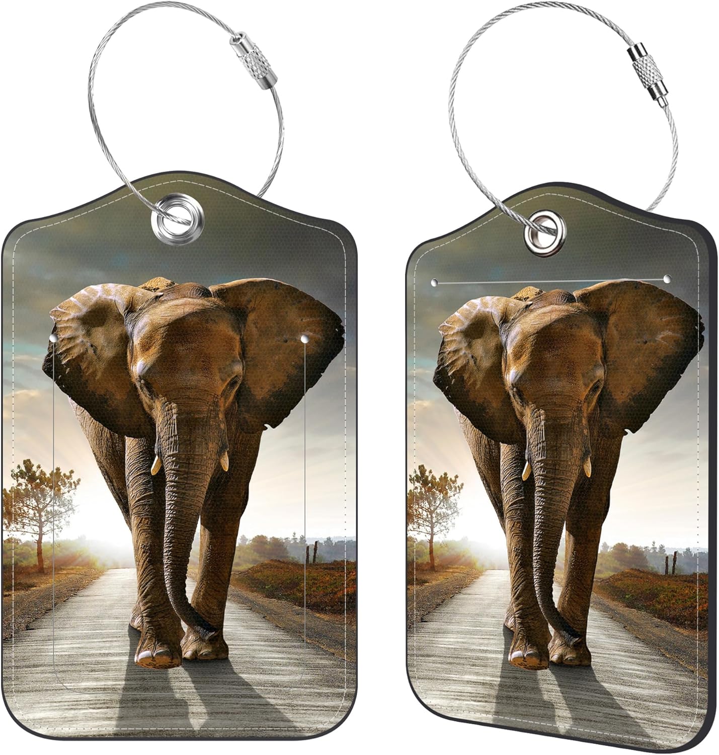 2 Pcs Luggage Tags for Suitcases, Walking Elephant Leather Bag Tags for Luggage Privacy Cover Name ID Label with Stainless Steel Loop Cruise Airport Travel Essentials