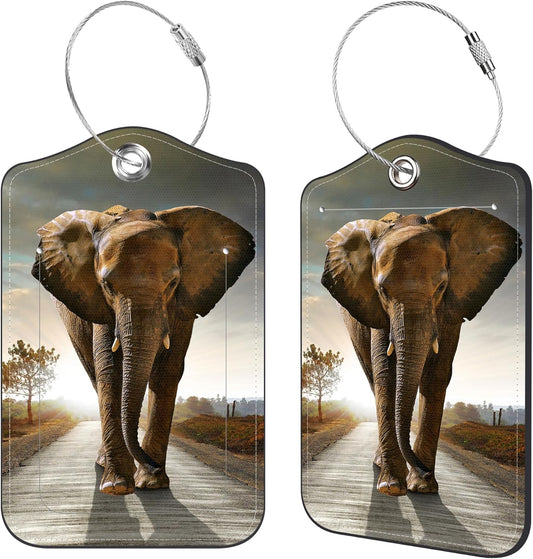 2 Pcs Luggage Tags for Suitcases, Walking Elephant Leather Bag Tags for Luggage Privacy Cover Name ID Label with Stainless Steel Loop Cruise Airport Travel Essentials