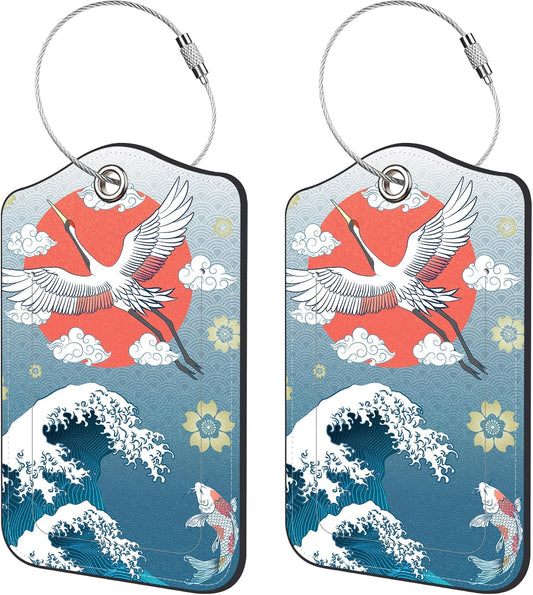 2 Pack Luggage Tags,Waves and Rising Sun PU Leather Idea Baggage Tag with ID Labels Privacy Cover Metal Ring Men and Women Travel Bag Labels