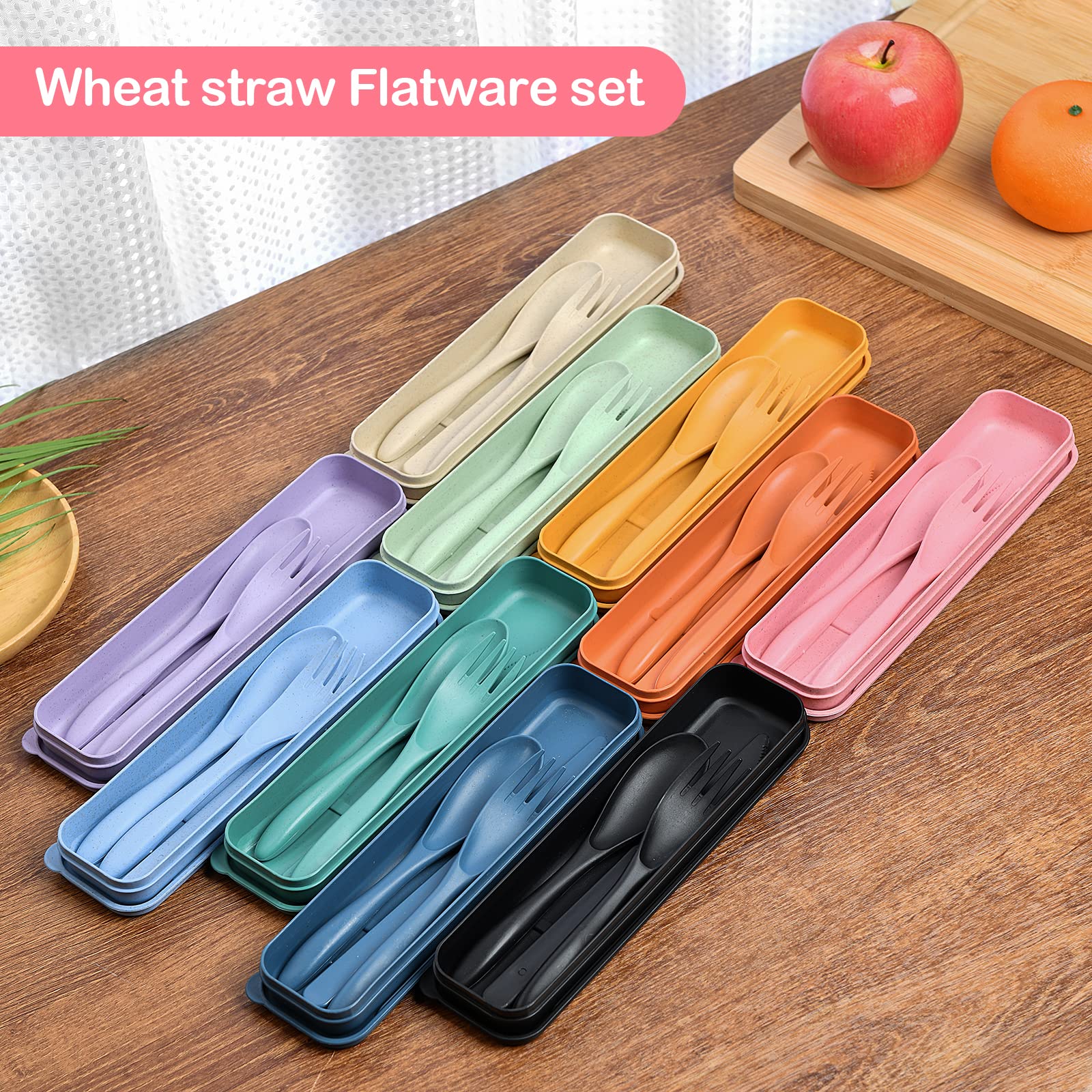 Reusable Travel Utensils Set with Case, 3 Sets Wheat Straw Portable Knife Fork Spoons Cutlery