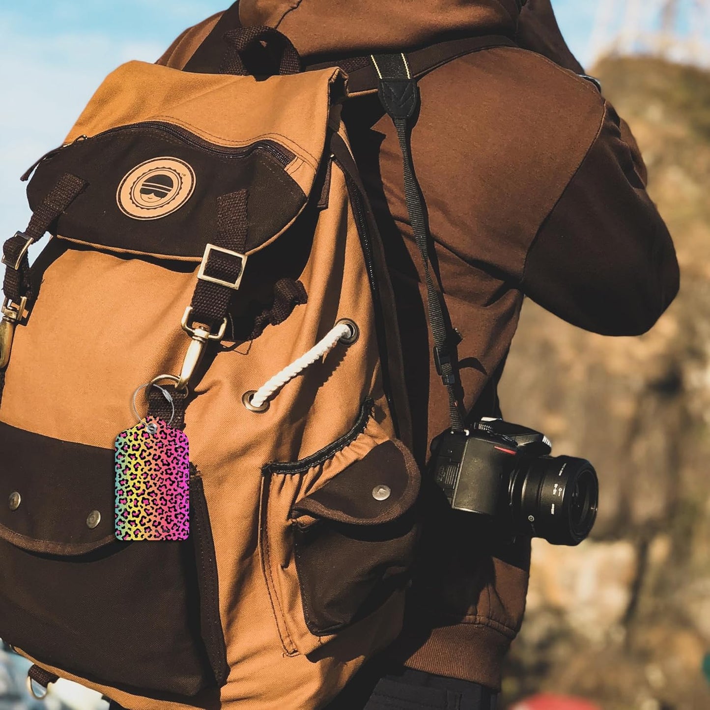 Luggage Tags for Suitcase,2 Pack Rainbow Leopard Print Luggage Tag,PU Leather Id Label Luggage Tags with Stainless Steel Loop and Privacy Cover for Women Men Teens Travel