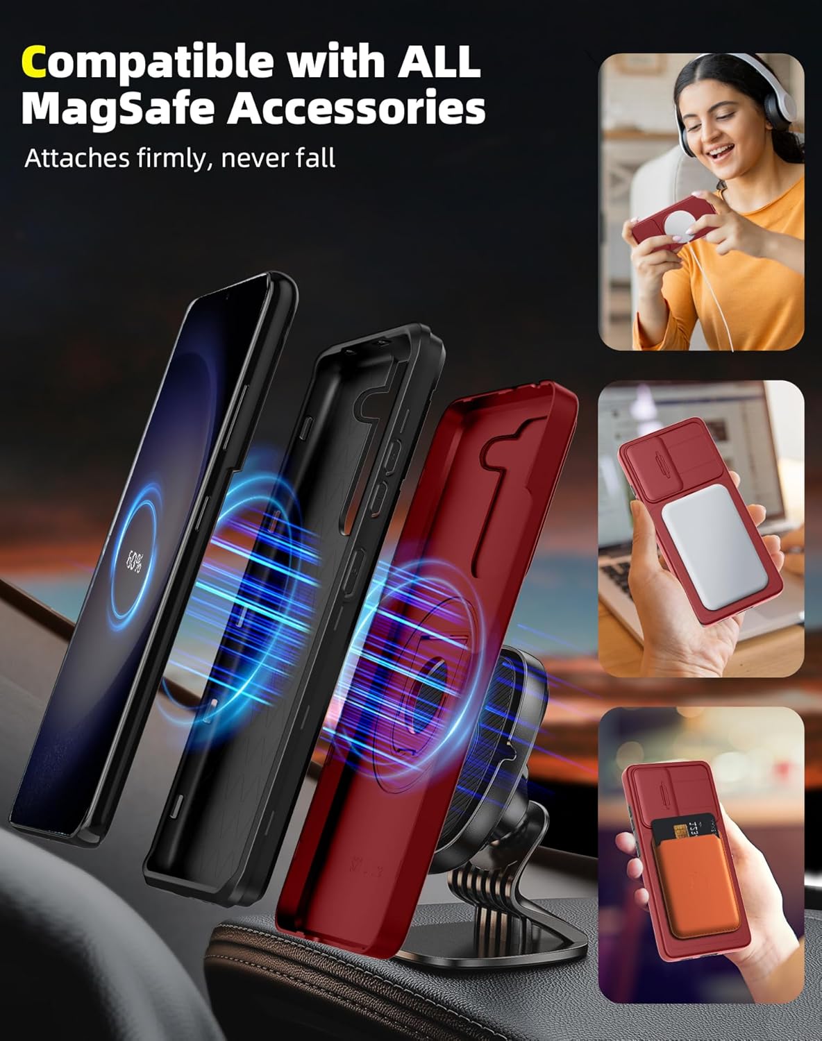 for Samsung Galaxy S23 Plus Case Magnetic Compatible with MagSafe Wireless Charging,with Screen Protector,for S23+Plus Case with Stand Ring+Camera Cover Shockproof Heavy Duty Protection Red
