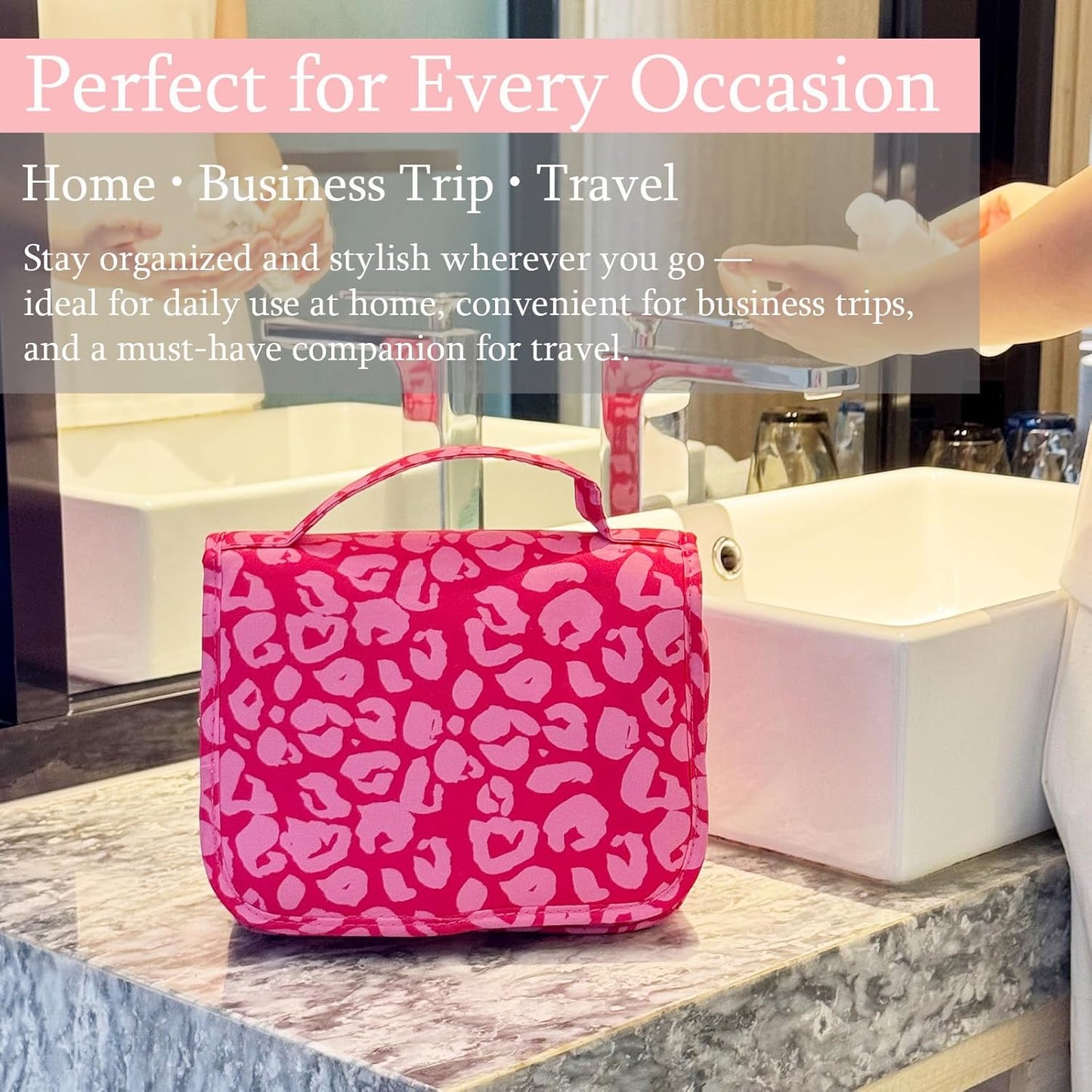 Crazy Bison Hanging Travel Toiletry Bag Kit Makeup Bag Cosmetics Organizer for Men Women (Hot Pink Leopard)