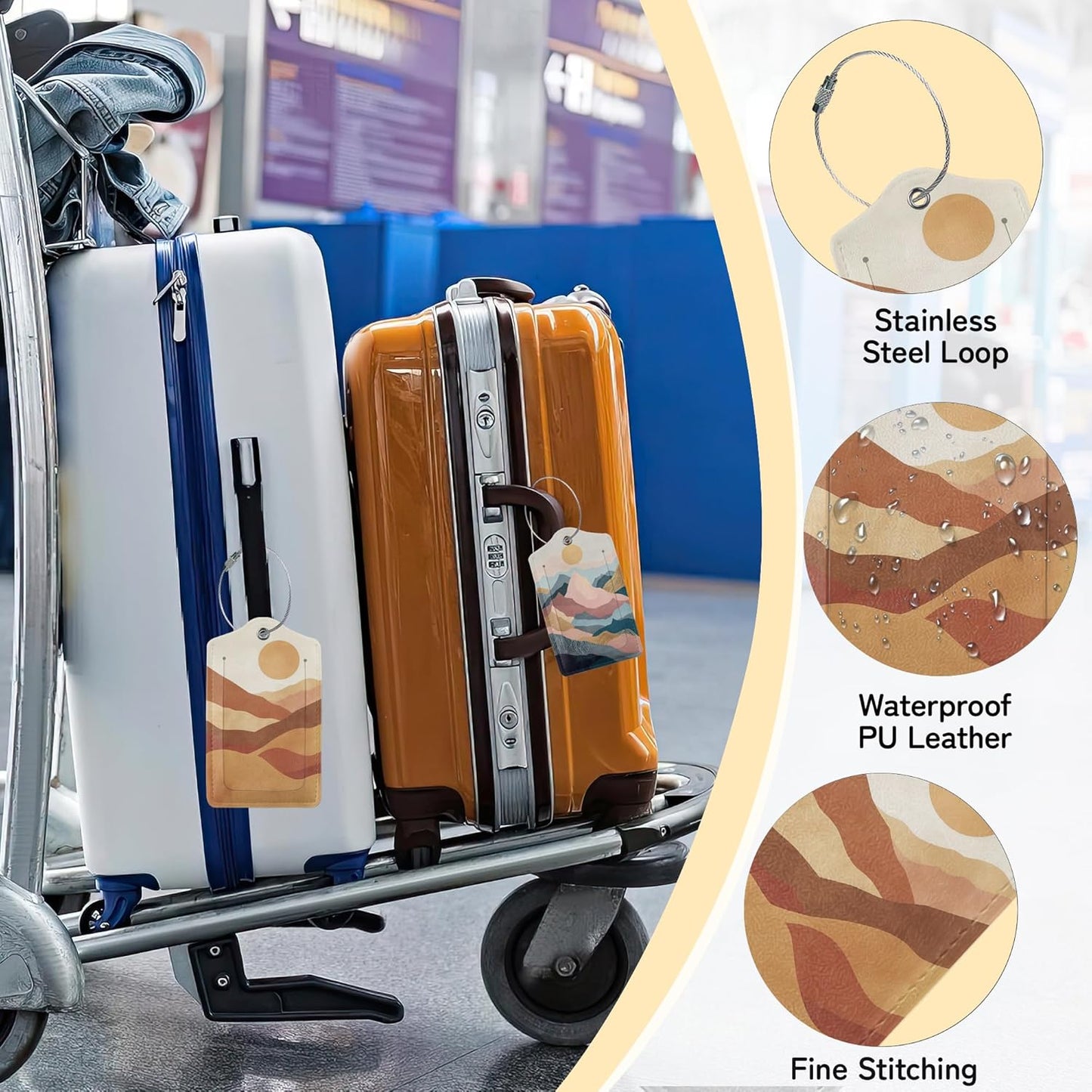 3 Pack Abstract Landscape Luggage Tags for Suitcases, Boho Sun Mountains Cute Leather Name Tag with Privacy Cover with Stainless Steel Loops, Travel ID Bag Tags for Women Men