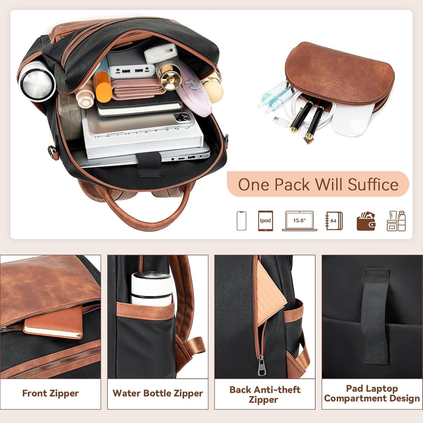 Vegan Leather Laptop Backpack for Women 15.6 Inch Work Backpack Purse for Travel College