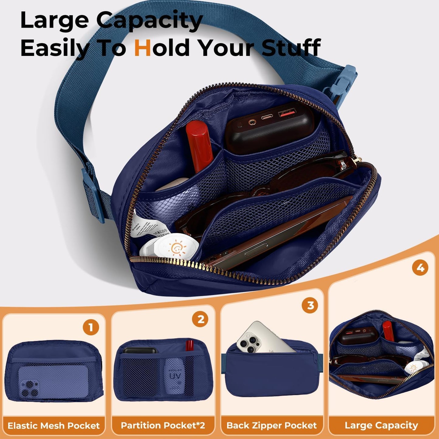Belt Bag Zipper Fanny Pack Crossbody Bags for Women,Fashion Nylon Waist Packs, Water Repellent Two Way wear with Adjustable Strap Gifts for Teenage Girls Women Men(Royal blue)
