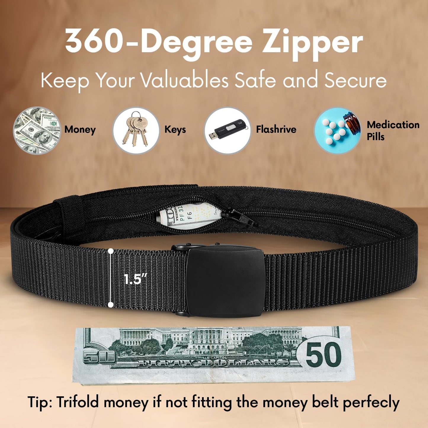 SP HOME GOODS Travel Money Belt with Hidden Money Pocket, Nylon Military Tactical Mens with Zinc Alloy Buckle- Black