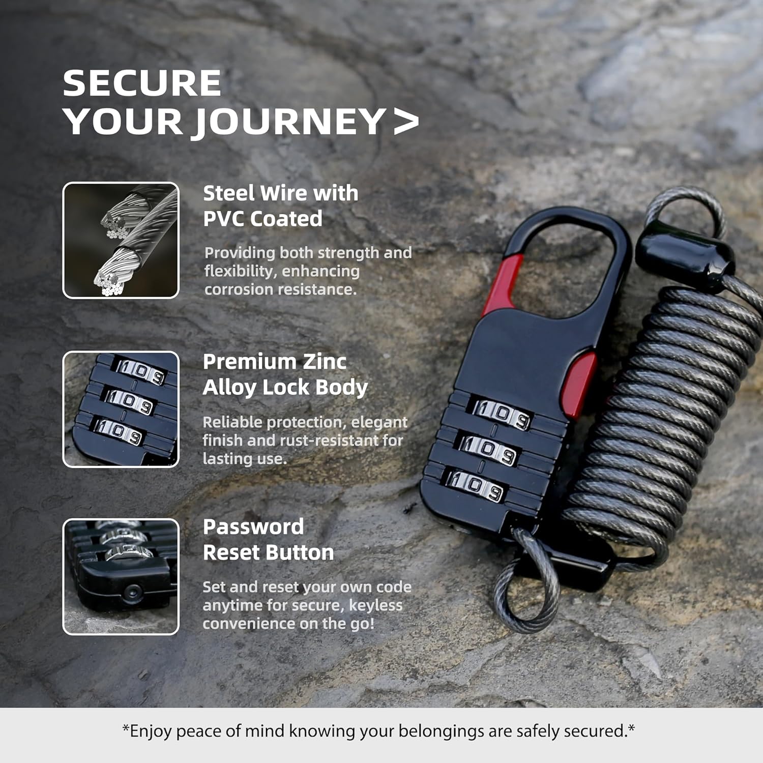 Small Combination Lock with Retractable Cable (36in/91cm), Thin Cable Locks with Combination Code