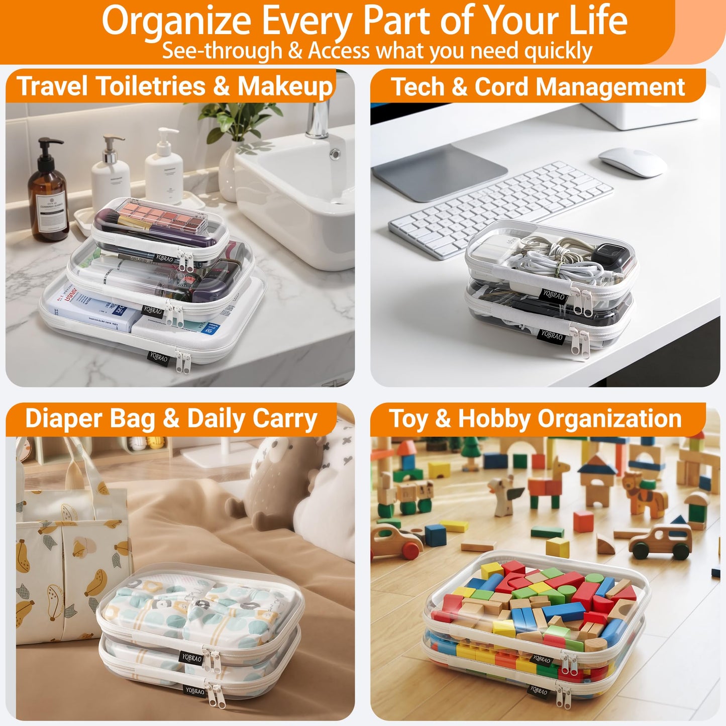 YQBRAO Clear Hard Shell Zipper Cases, 6 Multi-Size Organizers, White