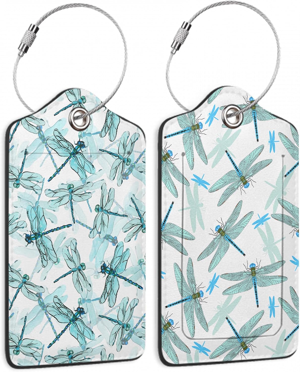 Watercolor with Elegant Dragonfly Luggage Tags for Suitcases, 2 Pack Cute PU Leather Suitcase Tag Identifiers with Address Card for Baggage Tag