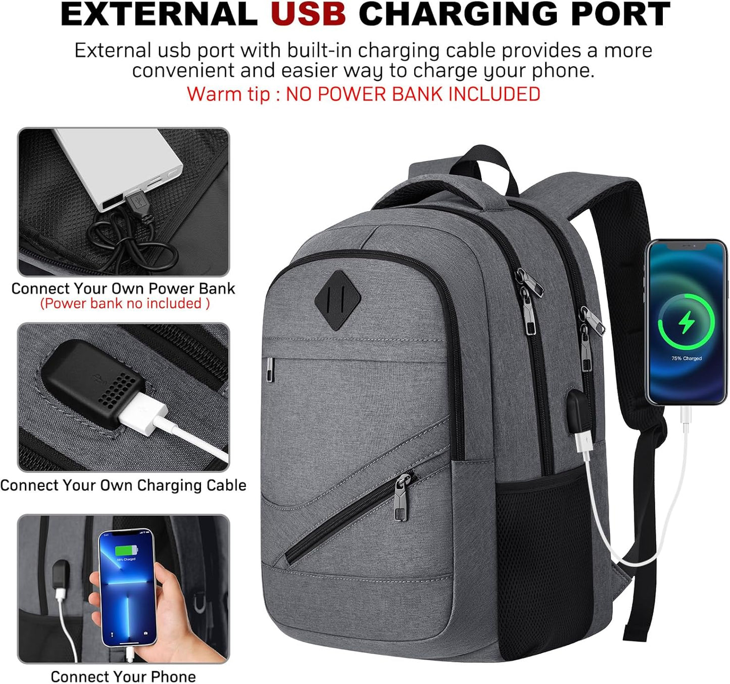 School Laptop Backpack for Women Men: 15.6 Inch College High School Backpacks with USB Charging Port Waterproof Travel Back Pack with Anti-theft Pockets Casual Work Daypack for Boys Students (Gray)