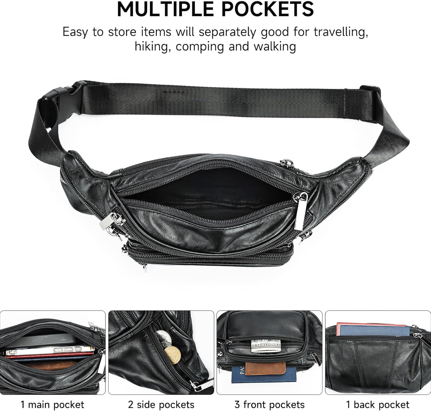 Genuine Leather Fanny Pack for Men Women Belt Bag Waist Purse Small Hiking Running Waist Pack for Phone Bum Hip Bags Shoulder Crossbody Bags