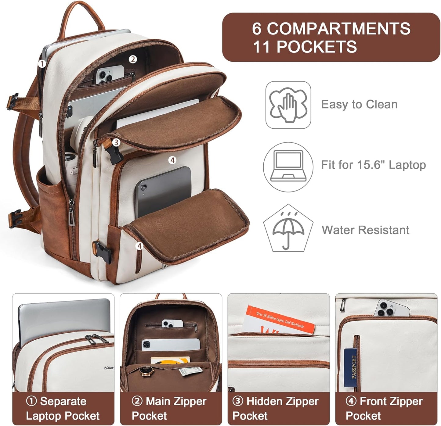 Leather Laptop Backpack for Women, Featuring a 15.6" Padded Laptop Compartment, Water Bottle Pocket and Trolley Sleeve, Ideal for Work, Travel, Everyday Use, and as a Thoughtful Gift