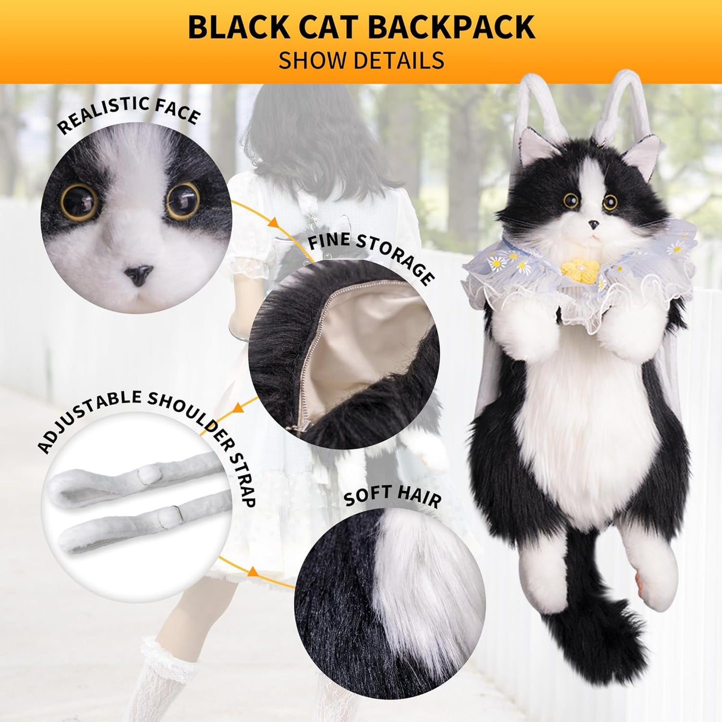 Chongker Stuffed Realistic Cat Plush Backpack - Cute and Soft Stuffed Animal Backpack with Adjustable Straps, Black