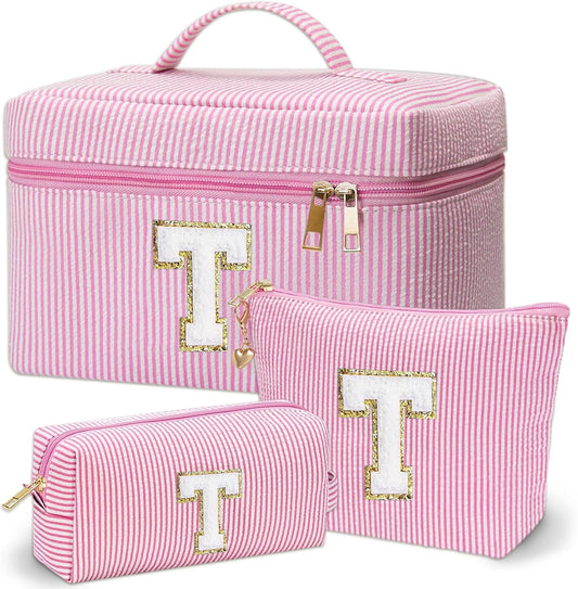 Personalized Monogram Makeup Bag, 3PCS Custom Monogrammed Toiletry Cosmetic Bag for 6-18 Teen Girls Women,Birthday Graduation Gifts Initial Pouch Makeup Bags for Women Girls, Make Up Bag (T, Pink)