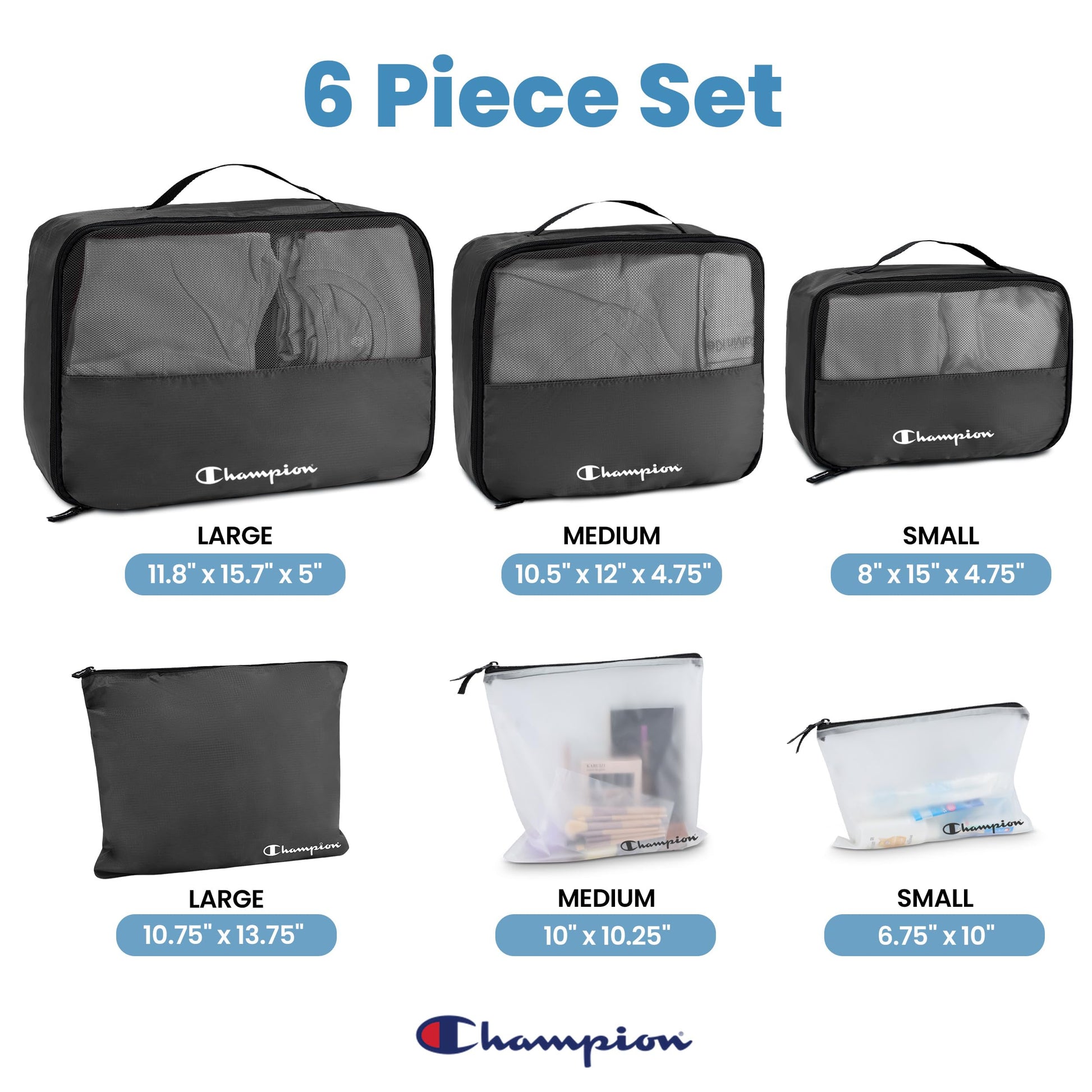 Champion Packing Cubes for Travel - 6 Piece Organizer Set, Carry-On Ready