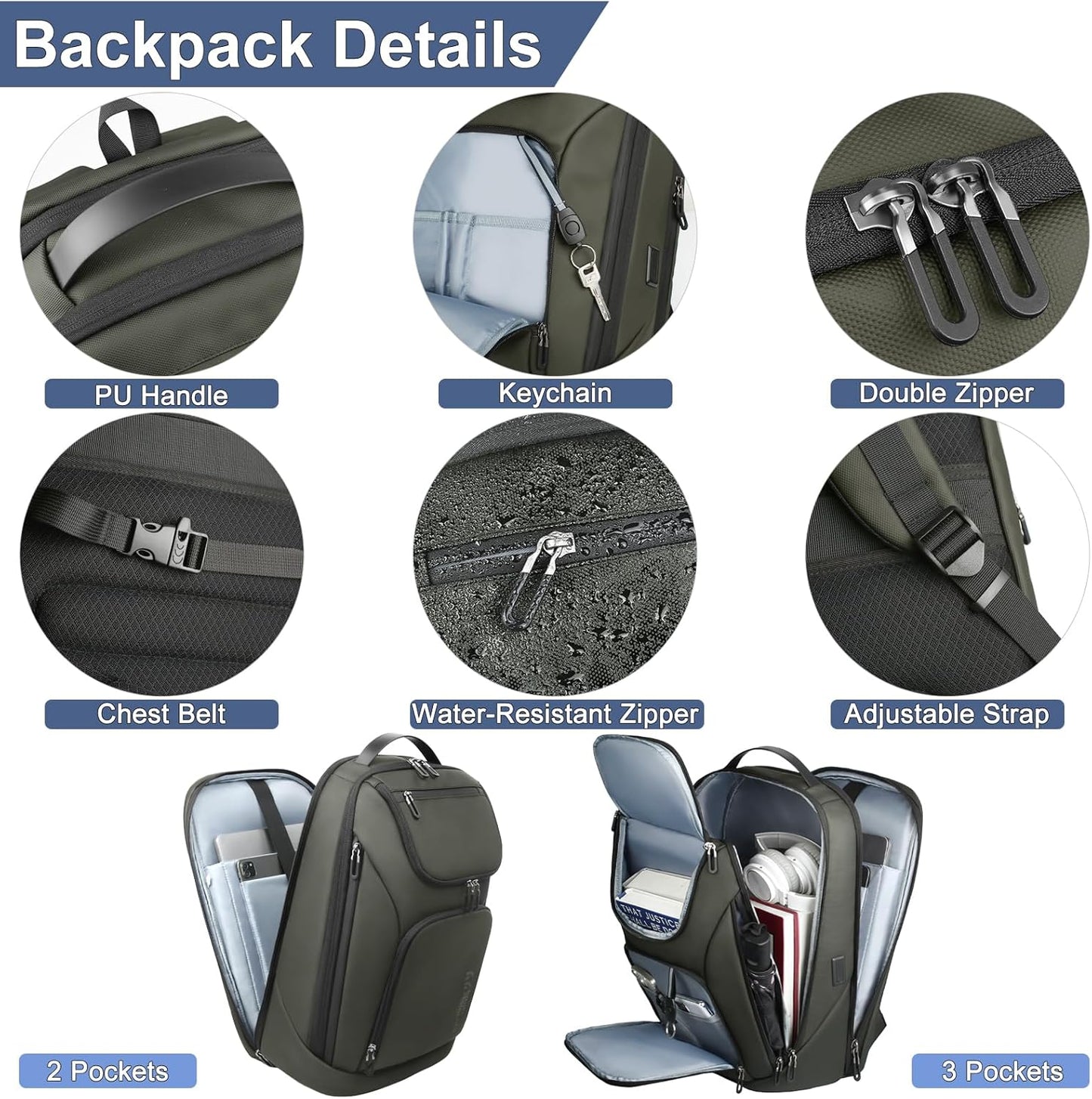 hk Business Smart Backpack for Men Anti-Theft for 17.3 Inch Laptop with USB Charging Port Water-Resistant Large Durable Compact 30L for Travel College Work-Green