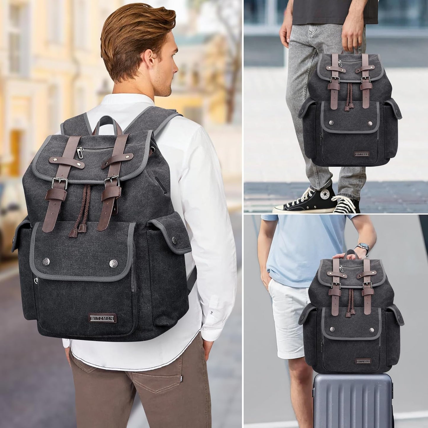 WITZMAN Canvas Backpack for Men Vintage Rucksack Fit 15.6 inch Laptop Backpack Travel High Capacity Casual Daypack (A8004 Black/Gery