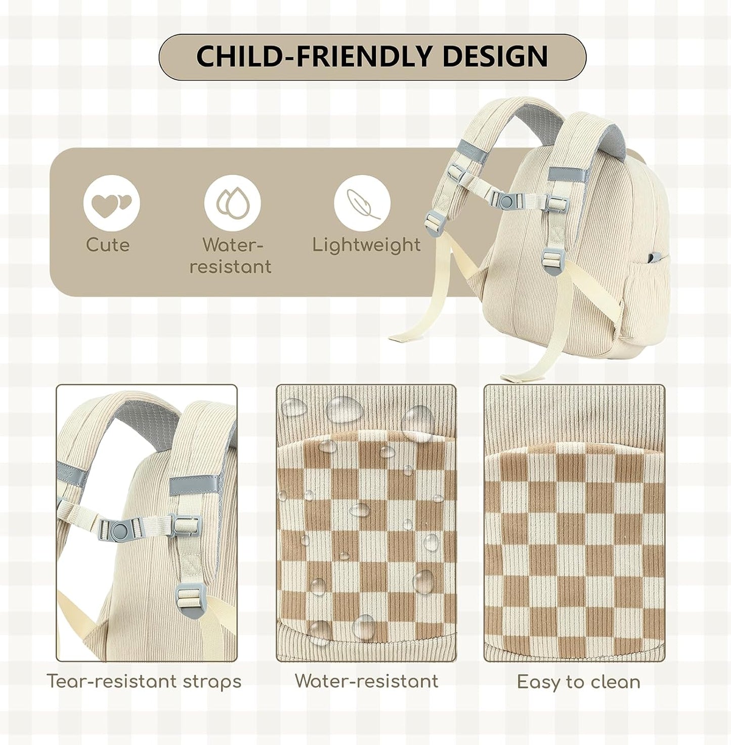 CAMTOP Toddler Backpack for Boys Girls 2-4, Kids Backpacks for Kindergarten Preschool, 12" H Small Bookbag for Daycare Travel (Beige)