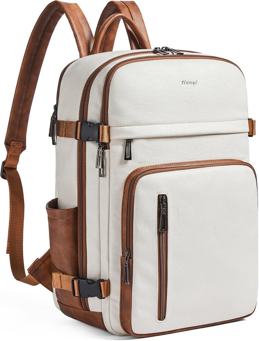 Leather Laptop Backpack for Women, Featuring a 15.6" Padded Laptop Compartment, Water Bottle Pocket and Trolley Sleeve, Ideal for Work, Travel, Everyday Use, and as a Thoughtful Gift