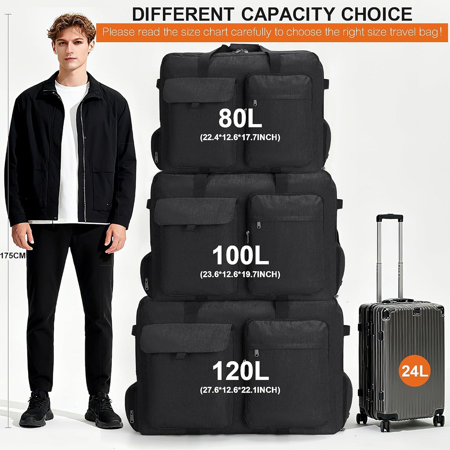 Large Travel Duffle Bag for Men Women, 80L 100L 120L Foldable Waterproof Duffle Bag, Packable Bag with Shoes Compartment for Overnight Gym Weekender Bag (Black, 120L)