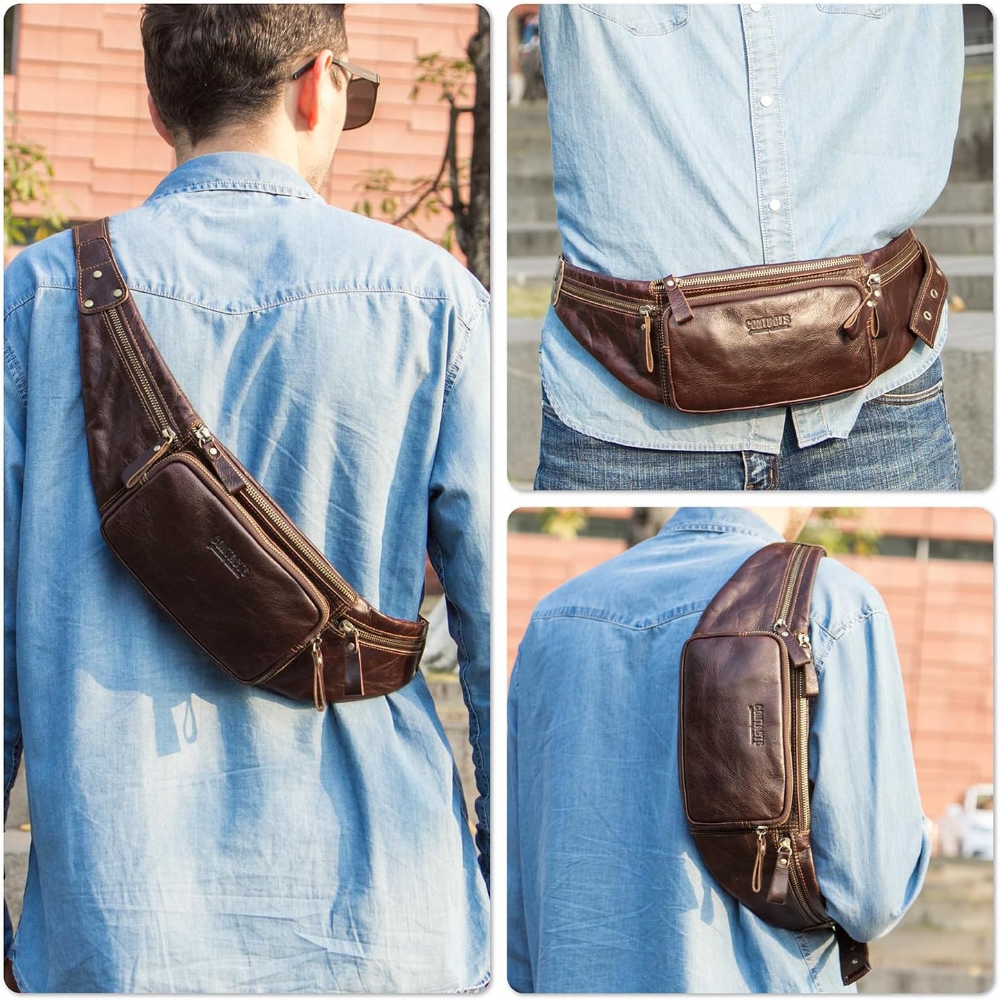 Top Grain Genuine Leather Slim Waist Pack for Man & Woman, Vintage Design & 4 Zipper Pockets & Adjustable Strap, Handmade, Large Capacity Fanny Pack Crossbody Belt Bag for Travel or Ride, Dark Coffee